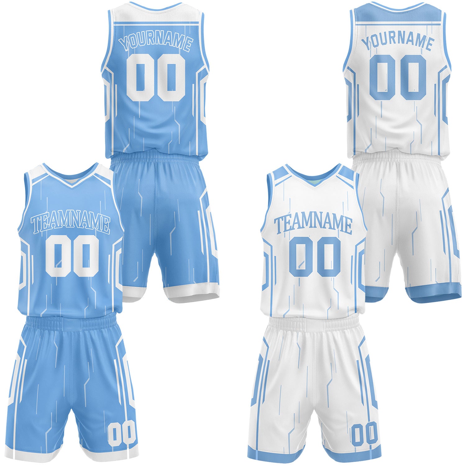 Custom light blue & white reversible basketball jersey shorts set by Vosoli | Personalized block team name number tech geometric uniform sportswear
