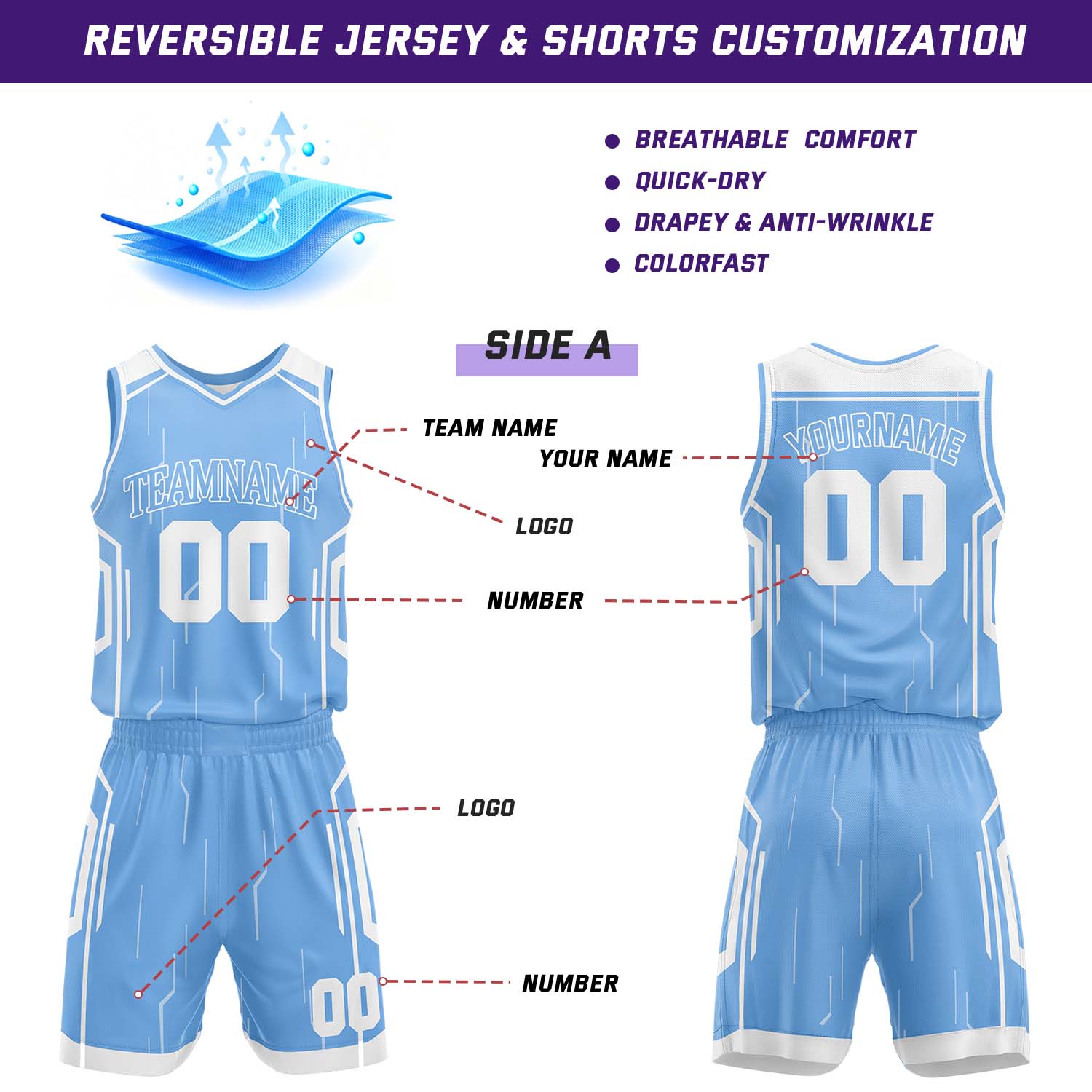 Custom Light Blue & White Reversible Geometric Basketball Jersey Shorts Set | Personalized Team Uniform