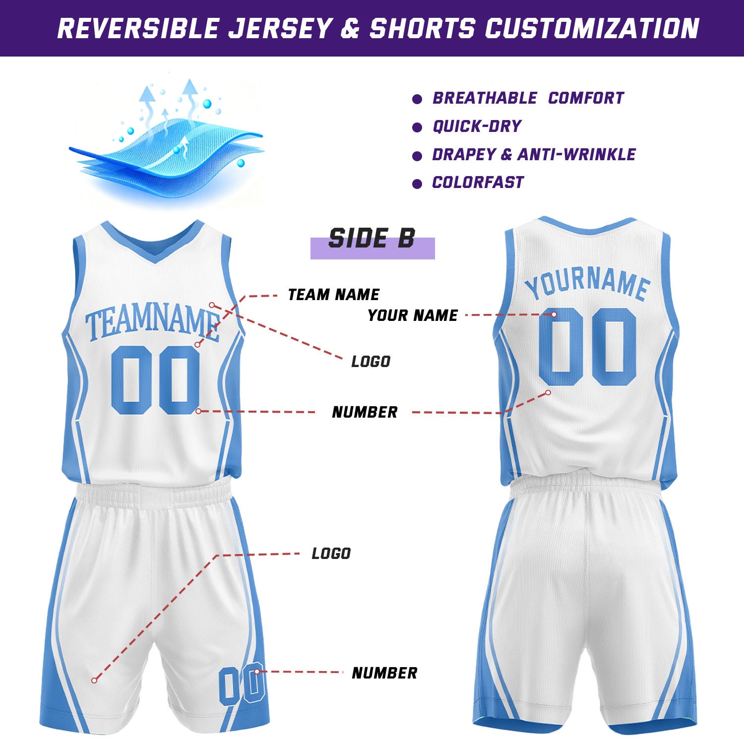 Custom Light Blue & White Reversible Geometric Basketball Jersey Shorts Set | Personalized Team Uniform
