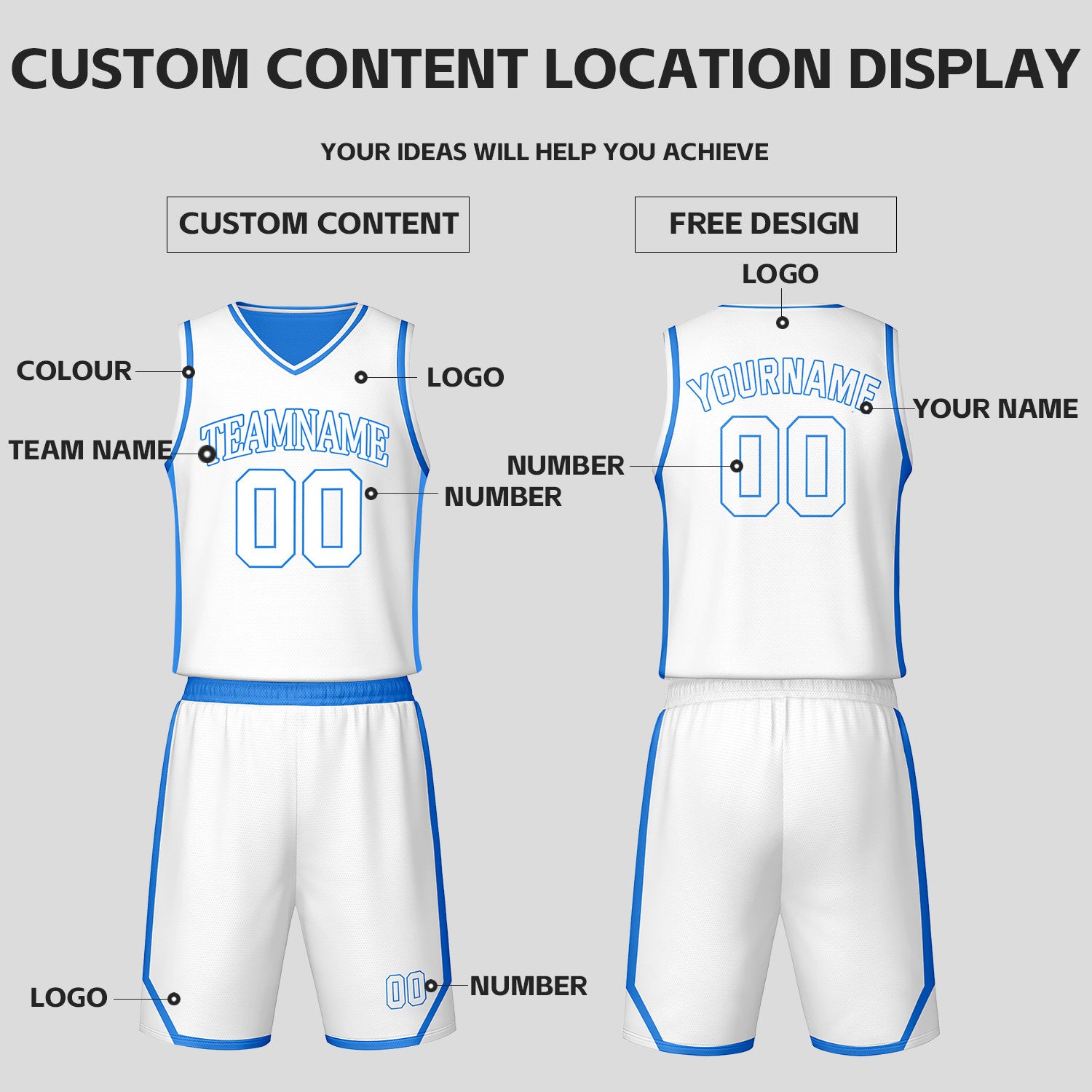 Custom Light Blue & White Reversible Basketball Jersey Shorts Set | Personalized Team Uniform