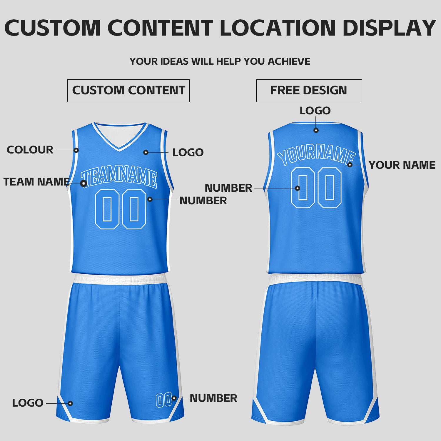 Custom Light Blue & White Reversible Basketball Jersey Shorts Set | Personalized Team Uniform