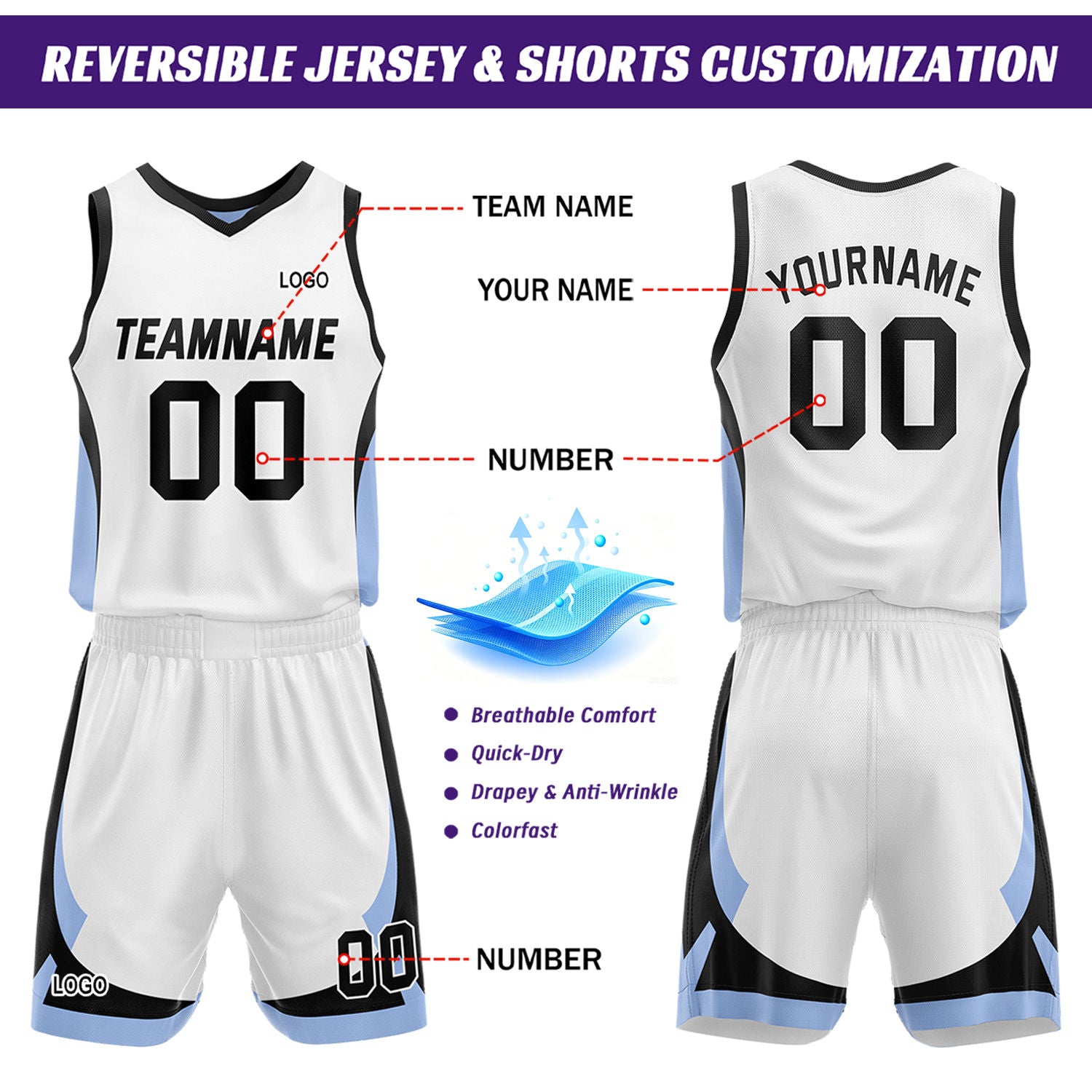 Custom Light Blue White Reversible Basketball Jersey Set | Personalized Name Number Mesh Sports Uniform