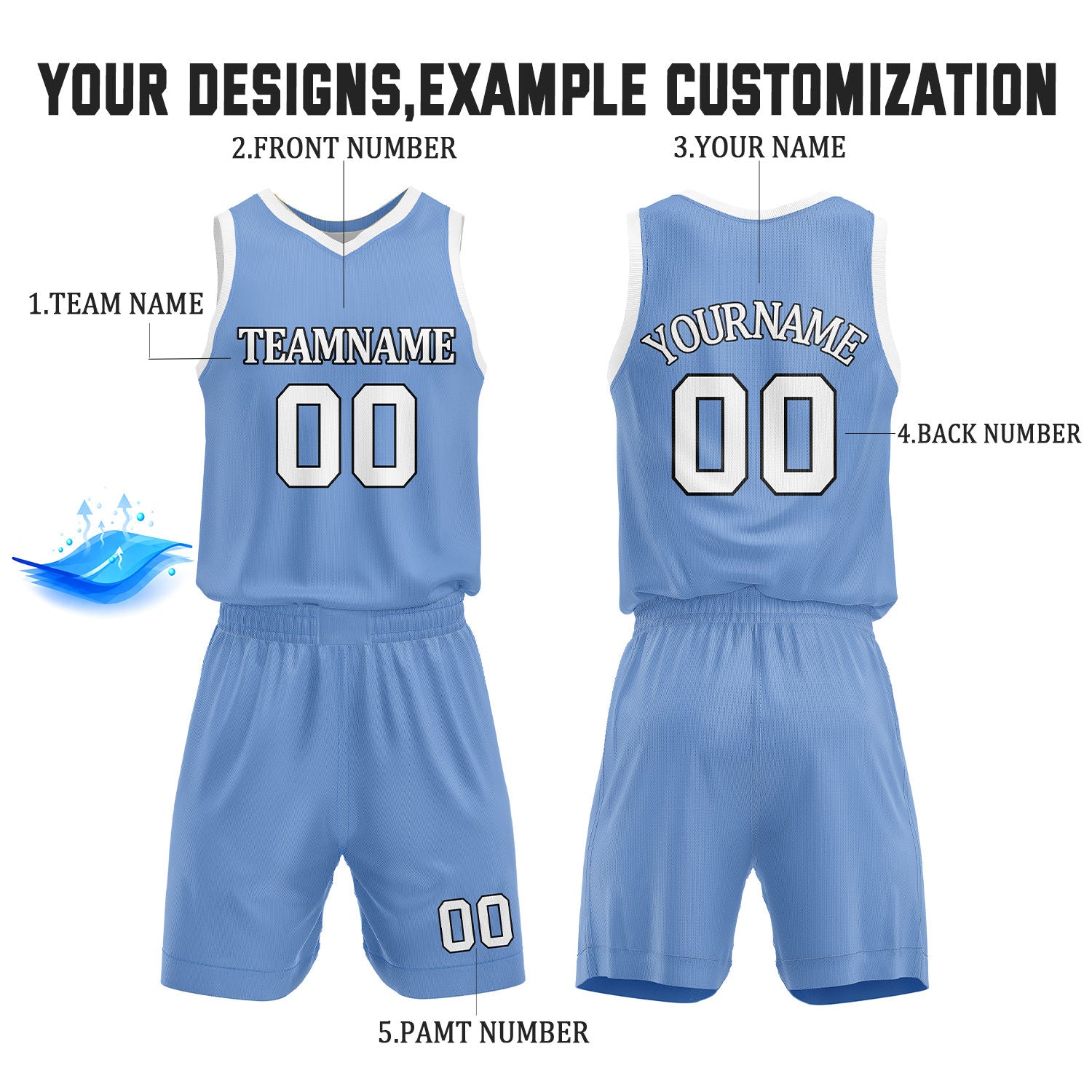 Custom Light Blue & White Reversible Basketball Jersey Shorts Set | Personalized Full Team Uniform
