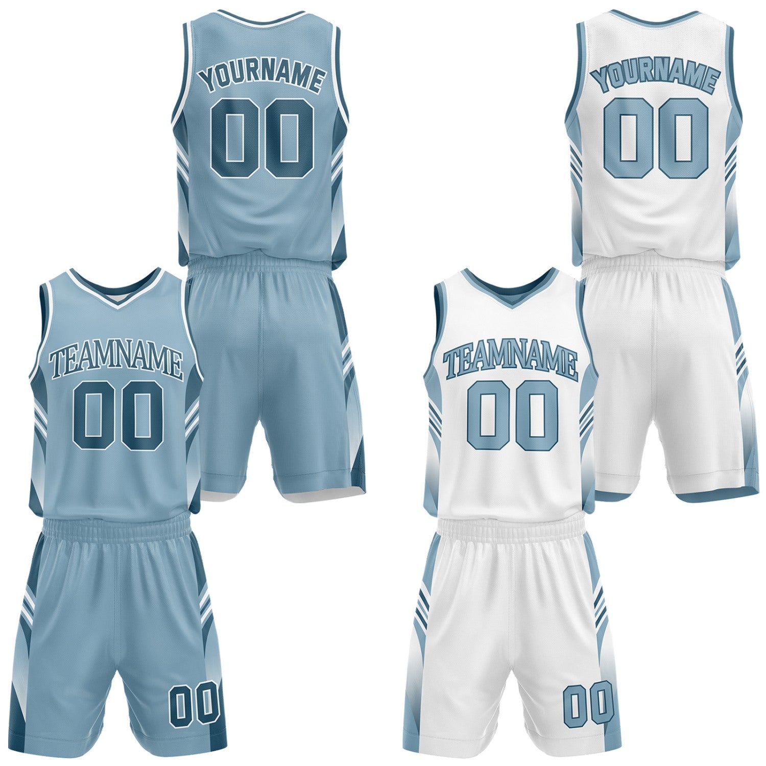 Custom light blue and white reversible basketball uniform by Vosoli. Personalized with team name, number, and logo. Breathable mesh jersey and shorts for high school, college, AAU teams.