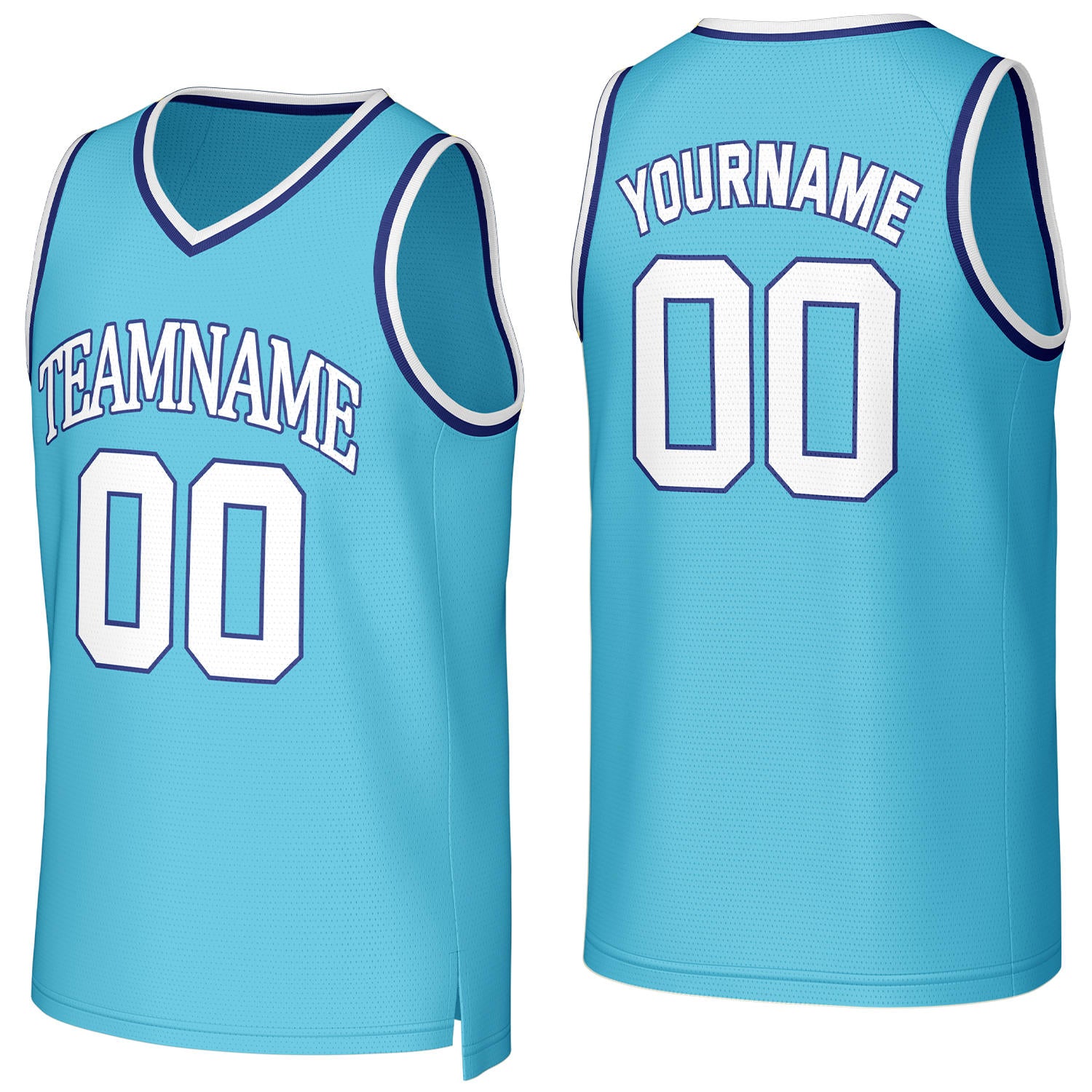 Custom light blue & white basketball jersey by Vosoli | Personalized stitched team name, number & logo | Breathable mesh sport jersey