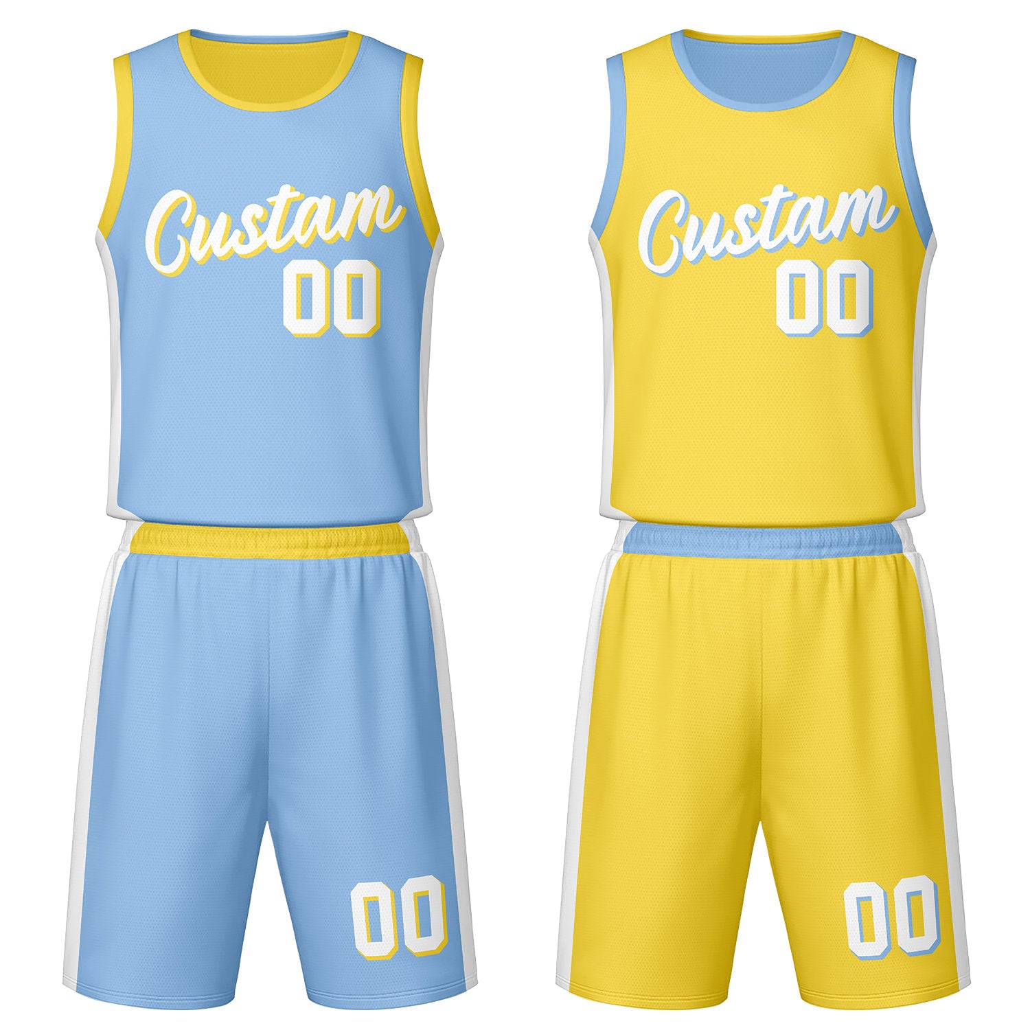 Custom light blue & yellow reversible basketball jersey set with shorts by Vosoli | Personalized team name, number & logo | Breathable mesh sport jersey uniform