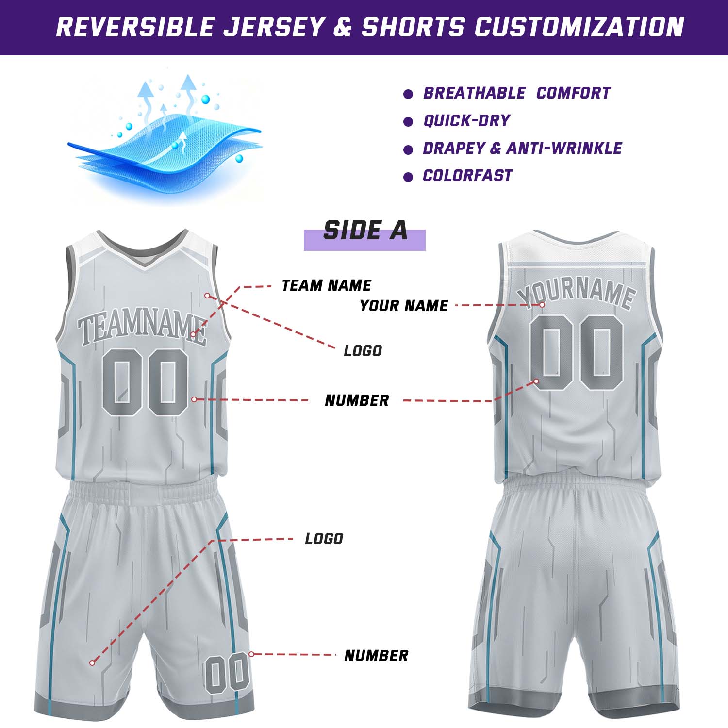 Custom Light Gray & Gray Reversible Geometric Basketball Jersey Shorts Set | Personalized Team Uniform