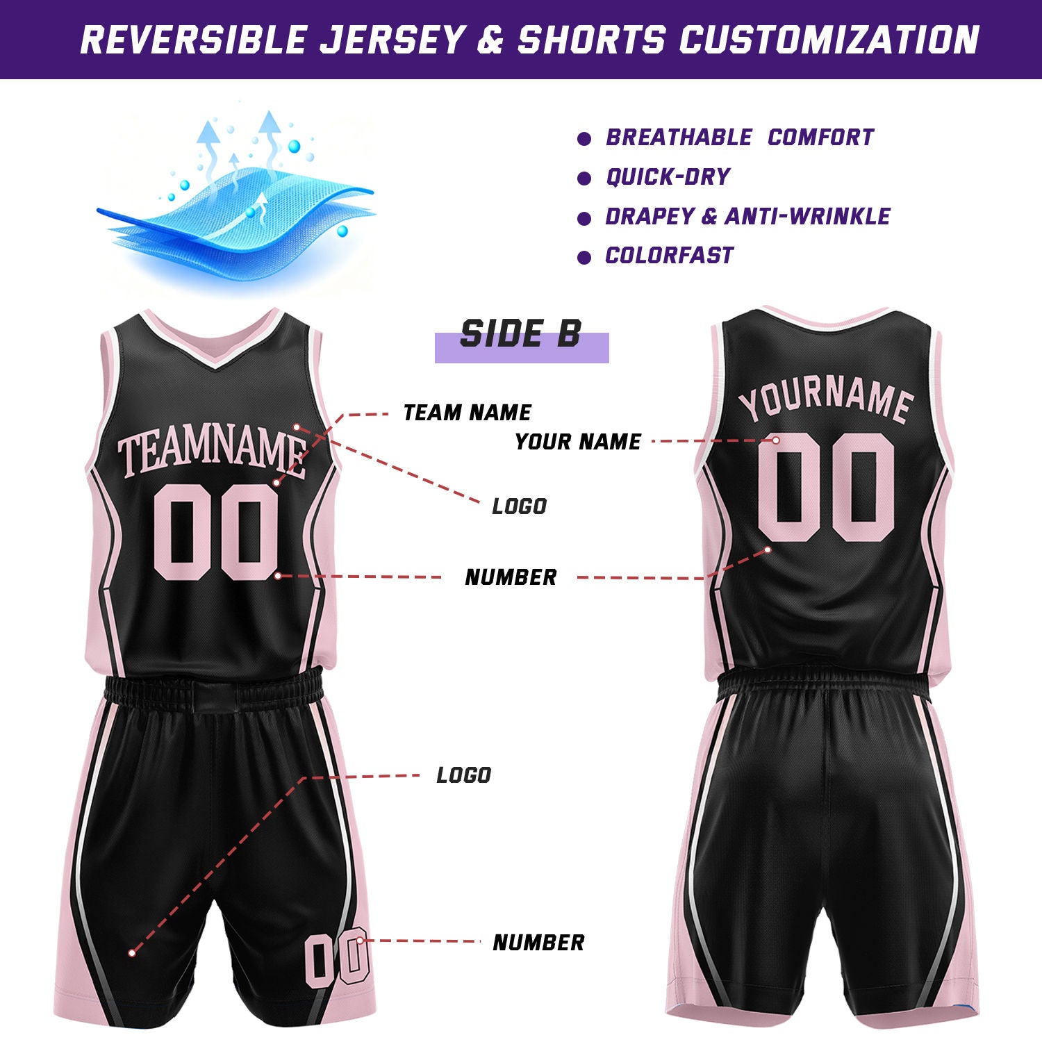 Custom Light Pink & Black Reversible Geometric Basketball Jersey Shorts Set | Personalized Team Uniform