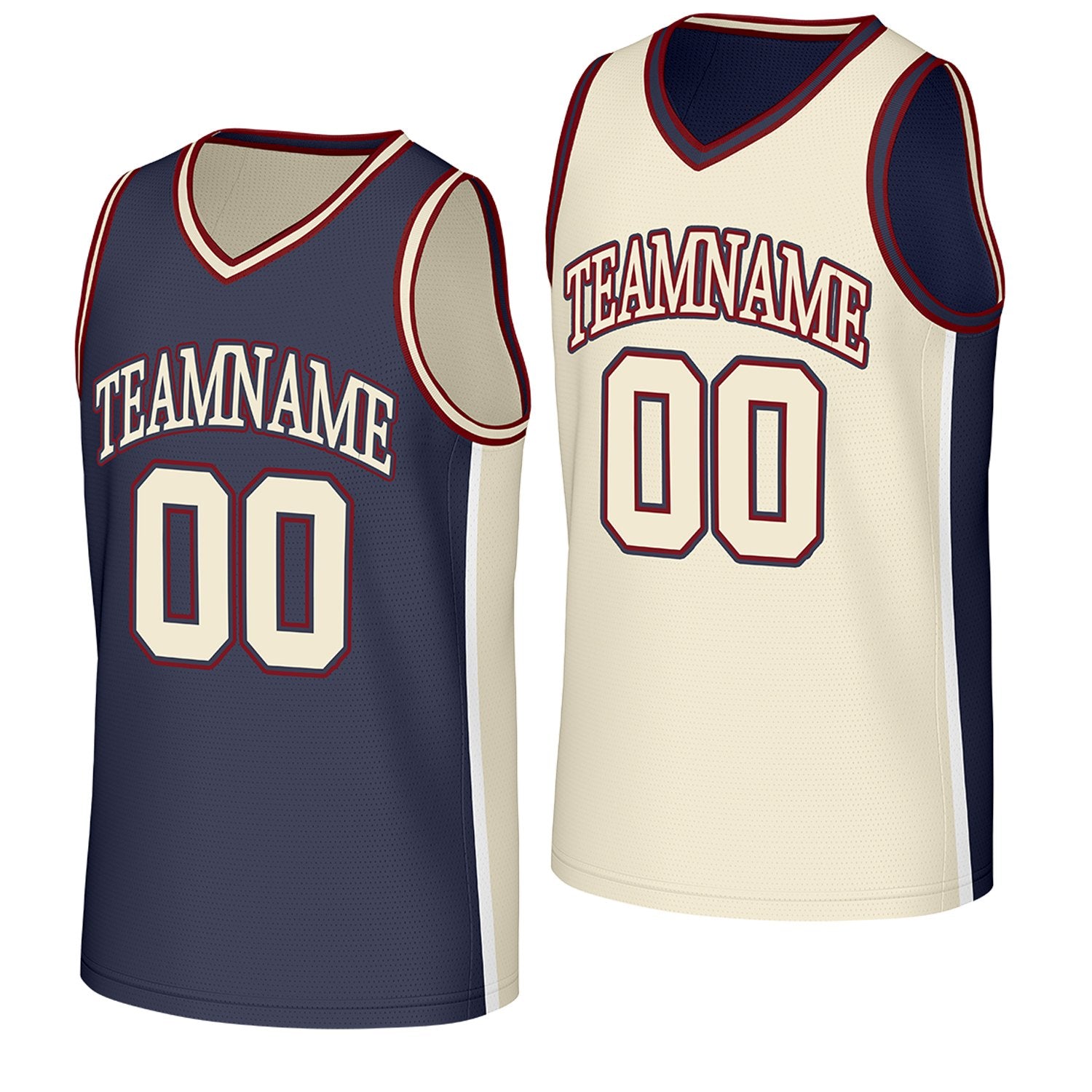 custom lightweight athletic basketball jerseys navy cream reversible by Vosoli, Personalized team name, number & logo. Fast delivery.