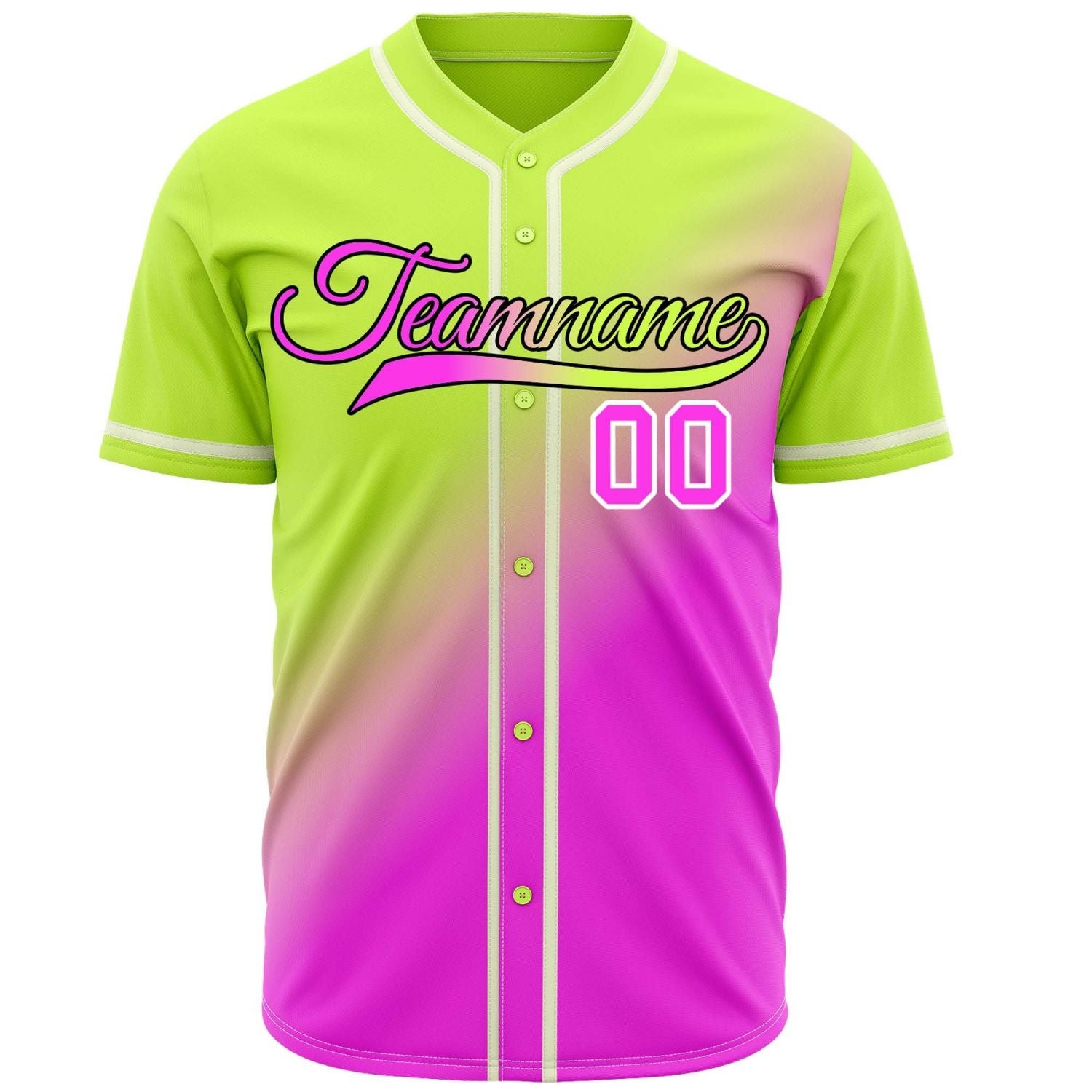 Custom lime green to pink gradient baseball jersey, button-front style with white trim, suitable for team sports and casual wear - Vosoli
