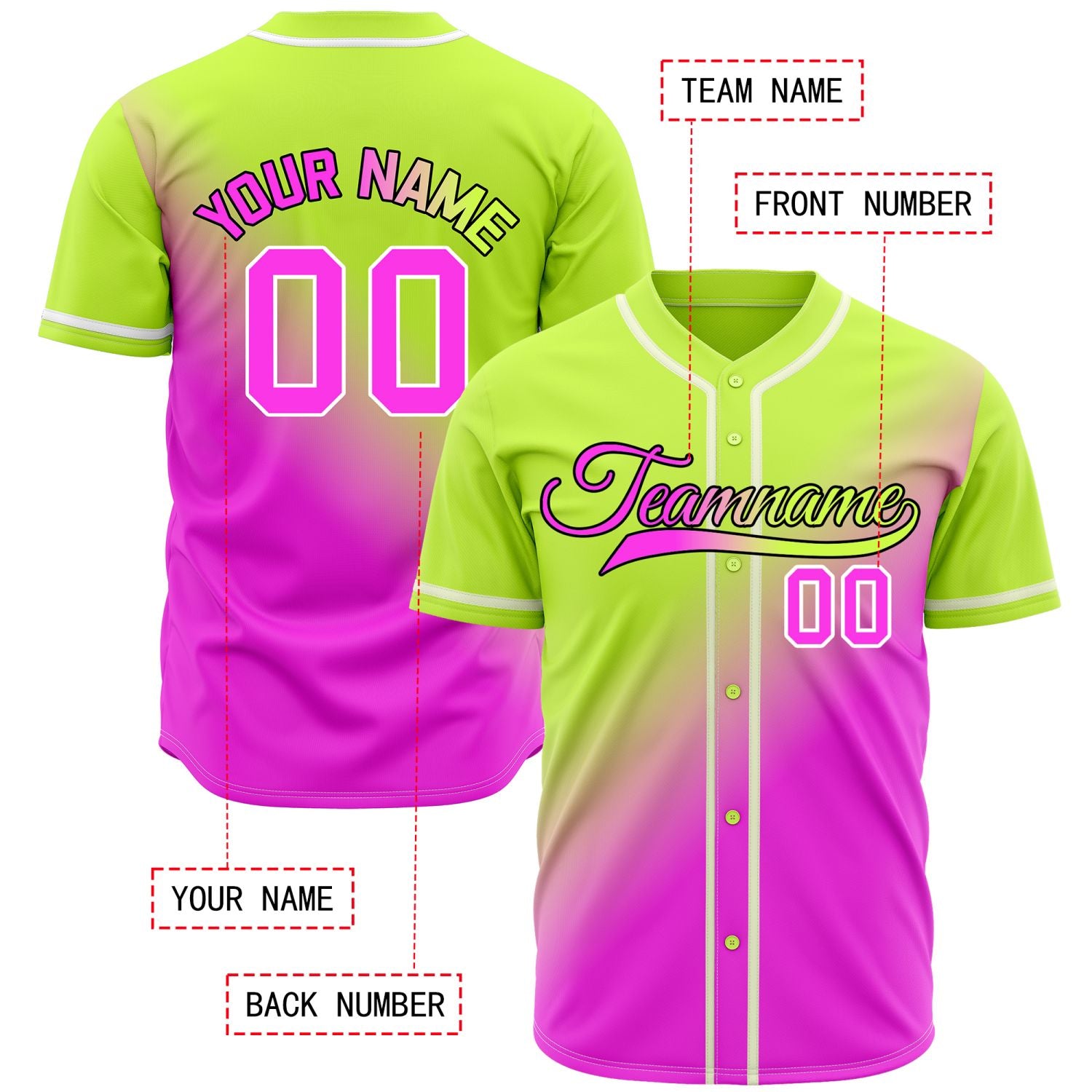 Custom Lime Green and Pink Gradient Baseball Jersey - Personalized Neon Team Uniforms
