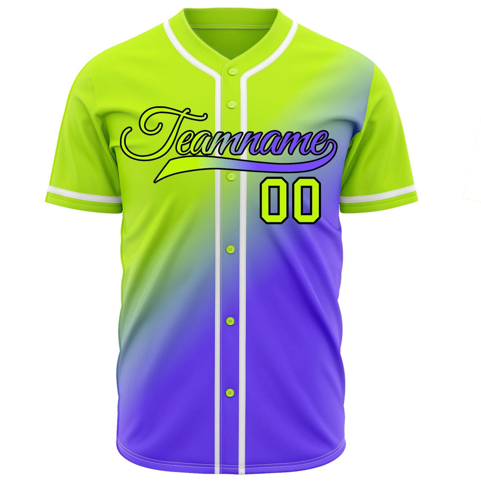 Custom lime green to purple gradient baseball jersey, button-front style with white trim, suitable for team sports and casual wear - Vosoli