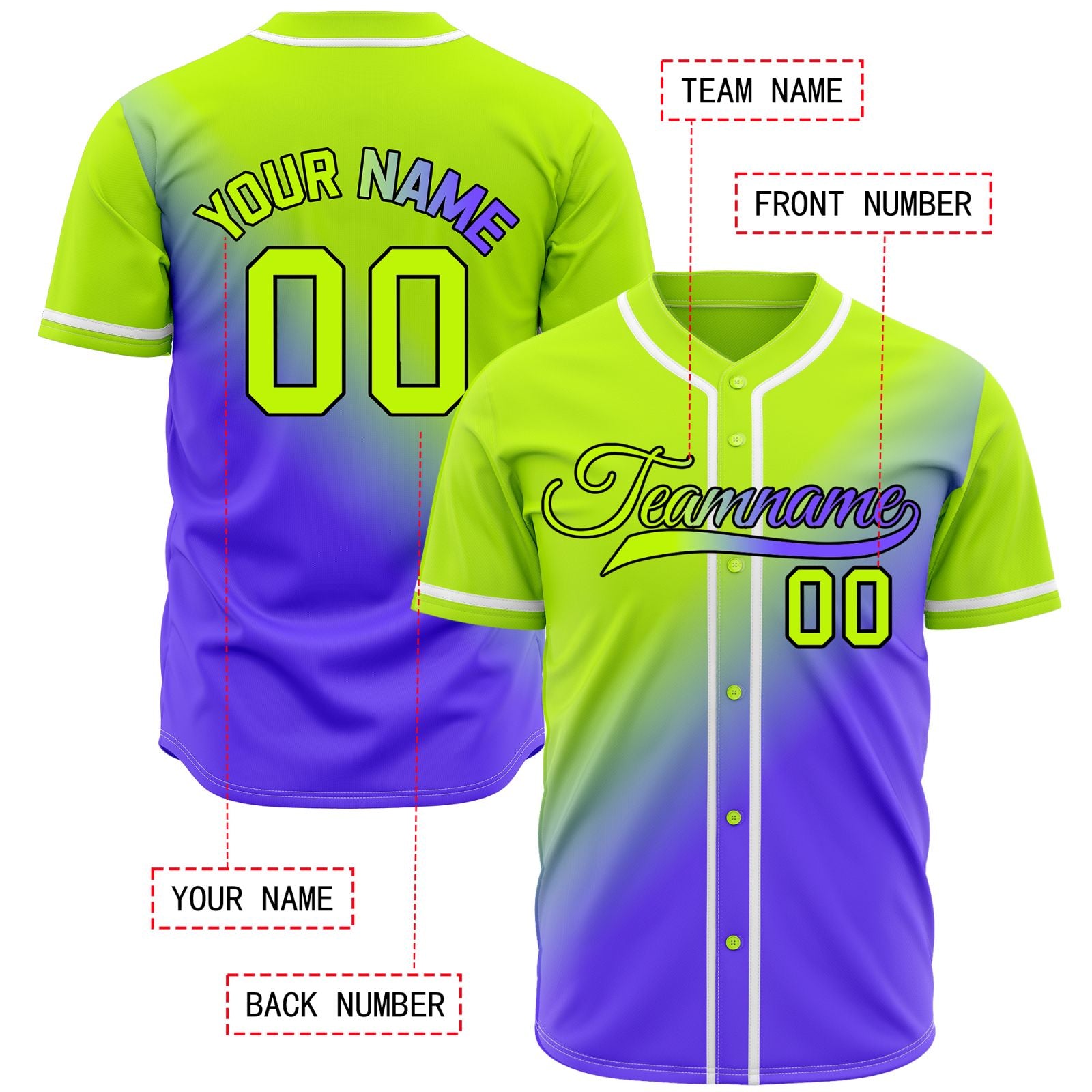 Custom Lime Green and Purple Gradient Baseball Jersey - Neon Team Uniforms