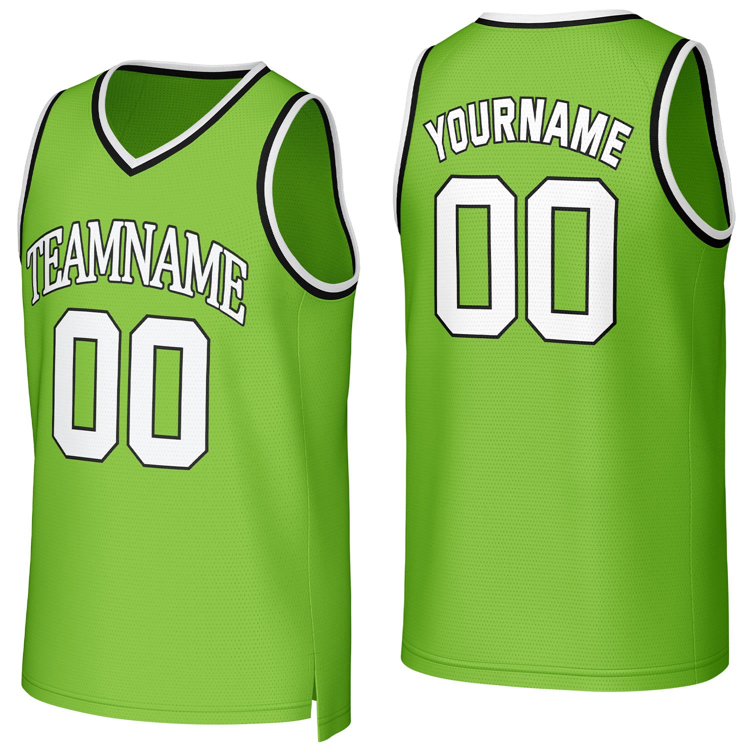 Custom lime green & white basketball jersey by Vosoli | Personalized stitched team name, number & logo | Breathable mesh sport jersey