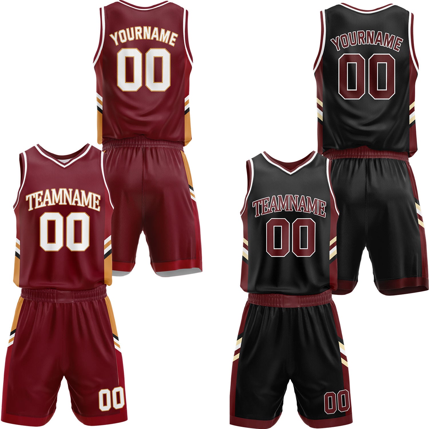 Custom maroon & black reversible basketball jersey shorts set by Vosoli | Personalized block team name number vintage panel uniform sportswear