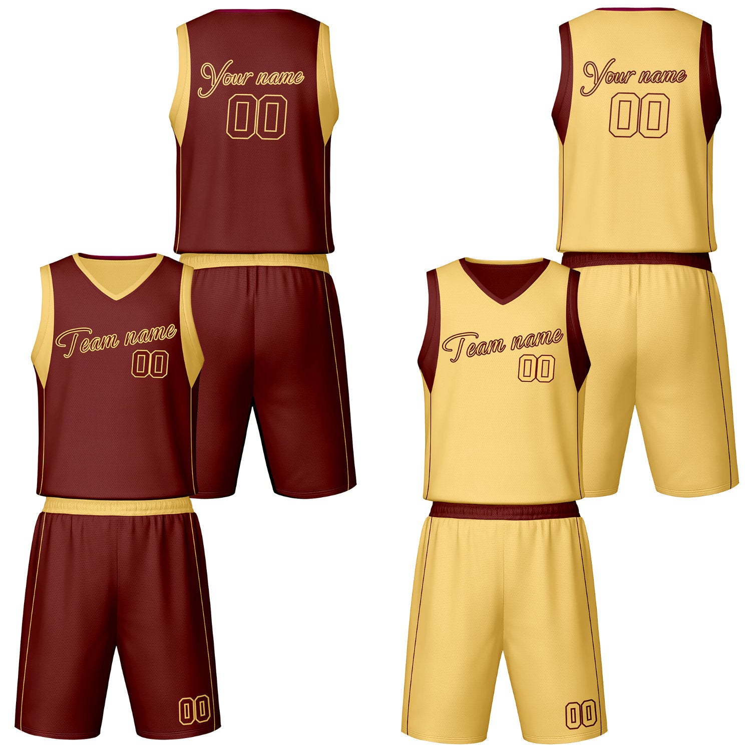 Custom maroon & gold reversible basketball jersey shorts set by Vosoli | Personalized script team name number vintage uniform sportswear
