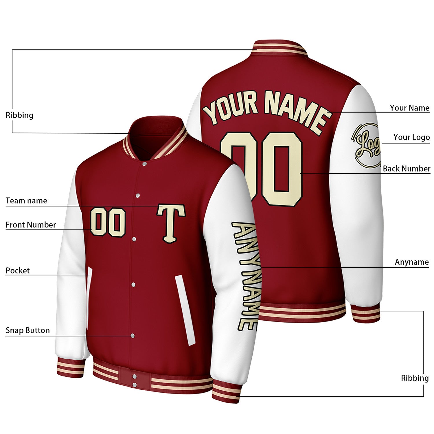 Custom Maroon & White Varsity Baseball Jacket | Personalized Letterman Baseball Bomber for Adult & Youth