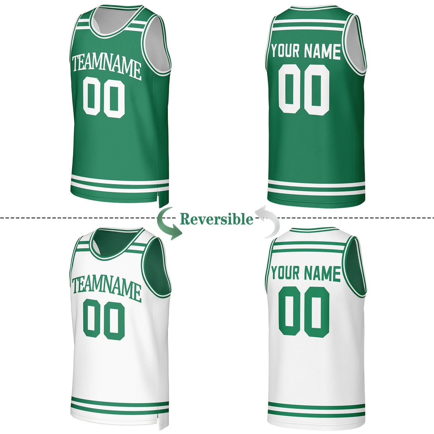 Custom Green & White Striped Reversible Basketball Jersey | Personalized Team Jerseys with Name, Number & Logo