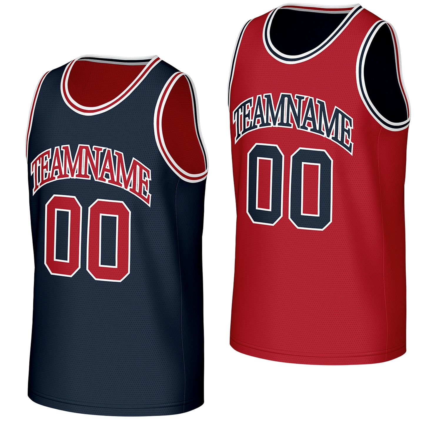 custom men's basketball jerseys navy red reversible by Vosoli, personalized team name, number & logo, breathable mesh dual sided basketball jersey for men's team games