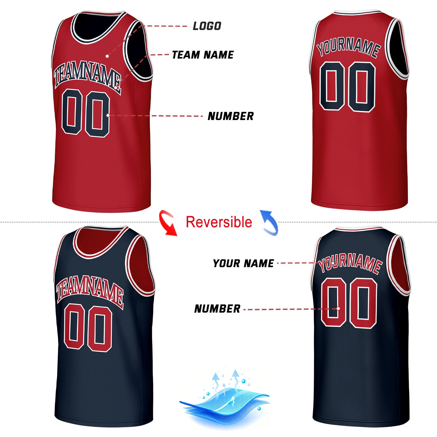Custom Classic Double Trim Reversible Basketball Jersey Navy & Red Mesh Team Uniform for Adult Youth
