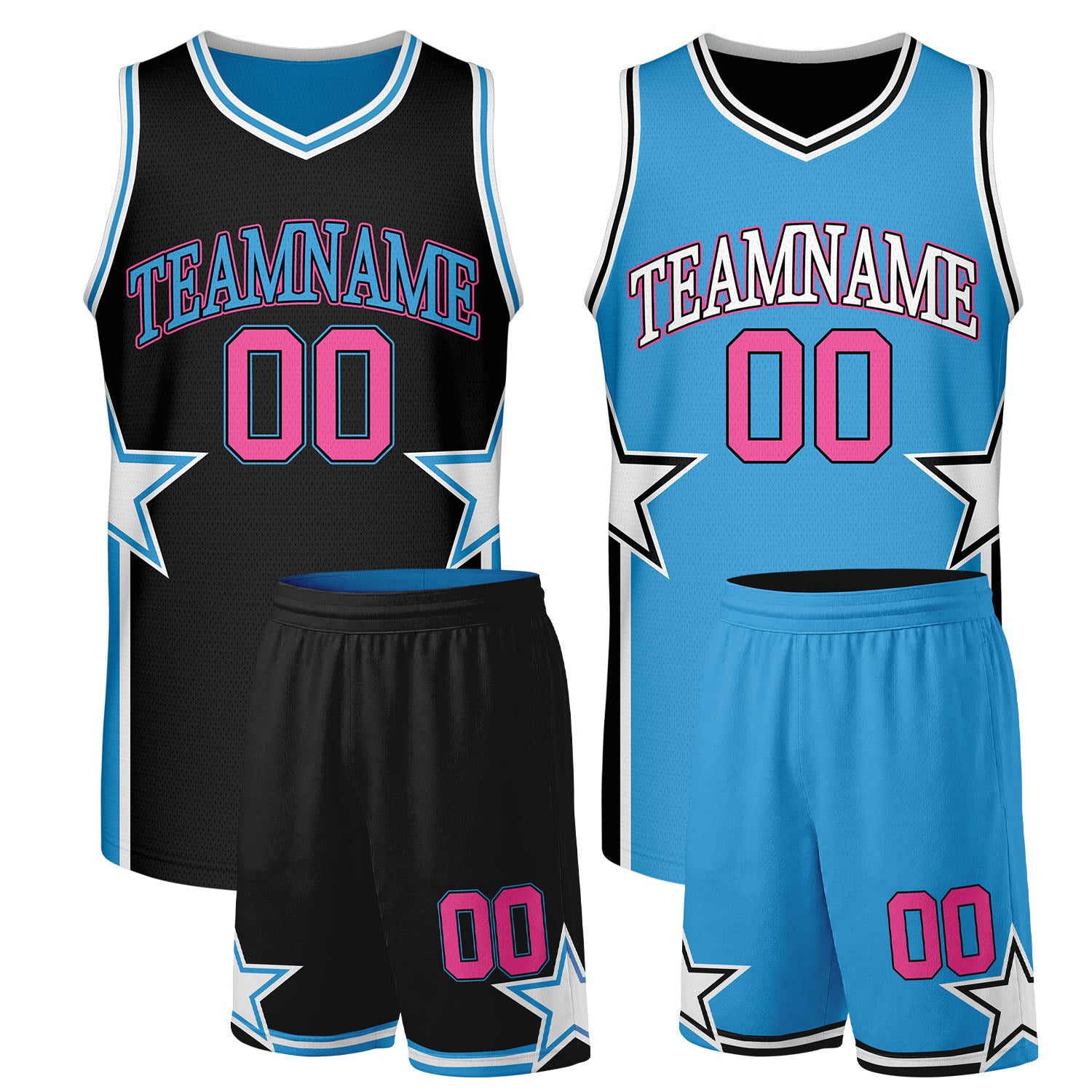 Custom men's basketball uniforms black sky blue reversible by Vosoli. Personalized team name, player number & logo. Breathable mesh. Fast delivery.