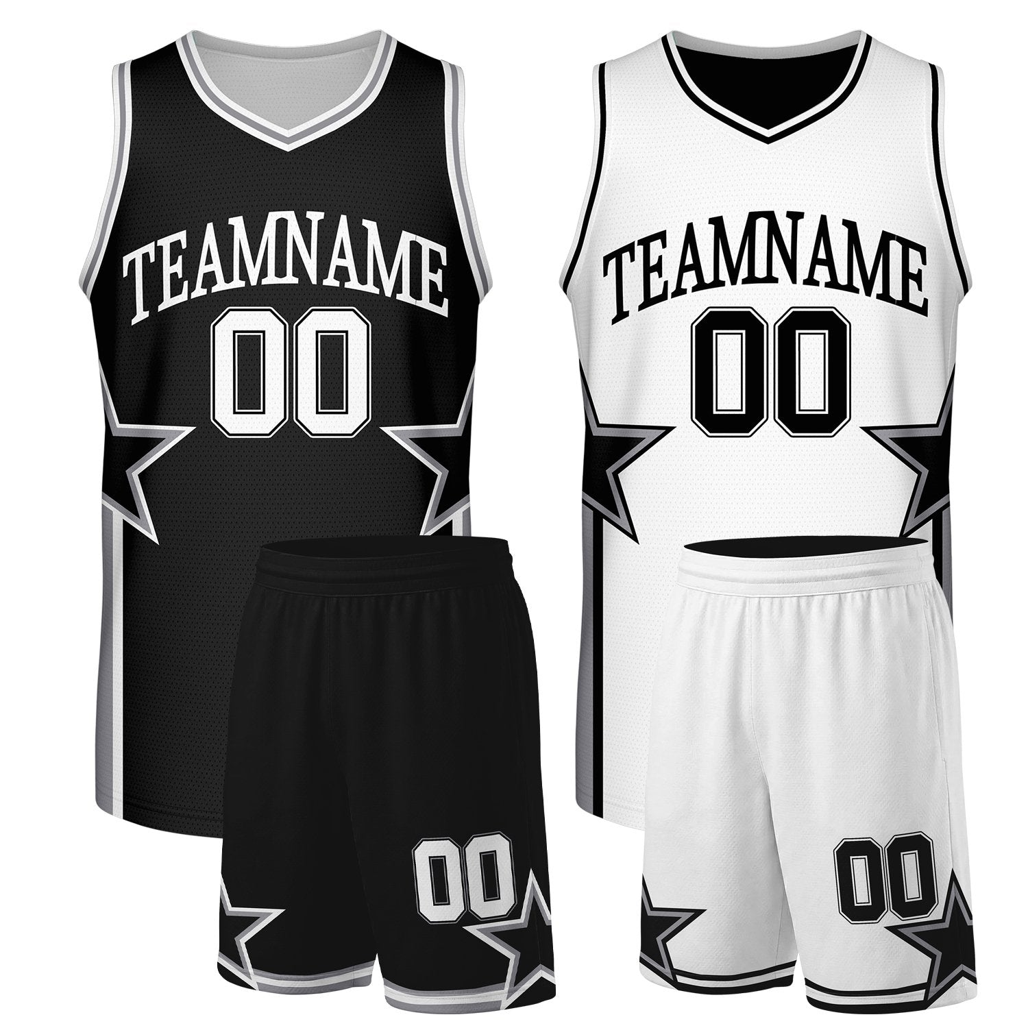 Custom men's basketball uniforms black white reversible by Vosoli. Personalized team name, player number & logo. Breathable mesh. Fast delivery.