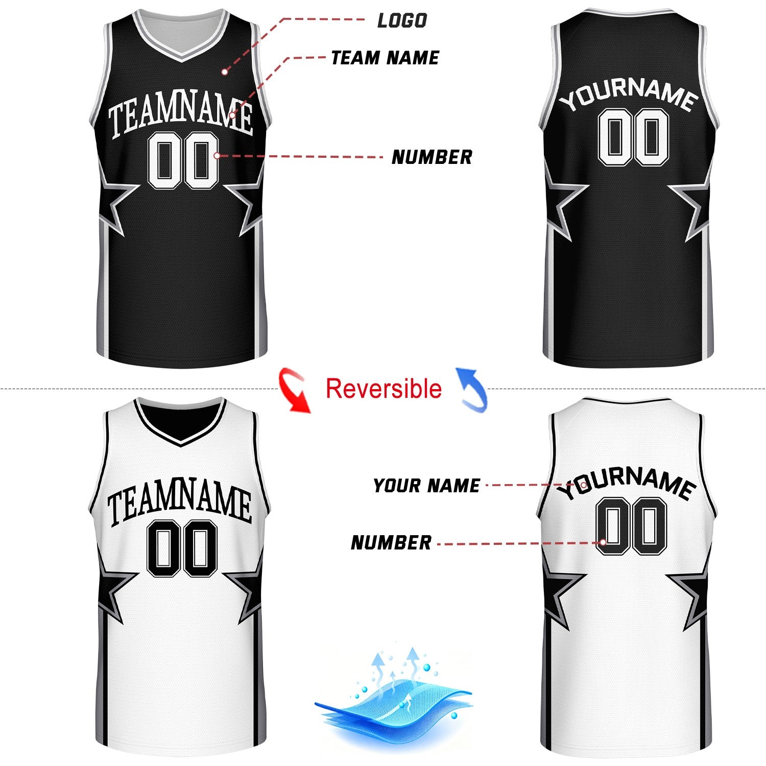 Custom Black & White Star Reversible Basketball Uniform Set | Breathable Mesh Jersey & Shorts