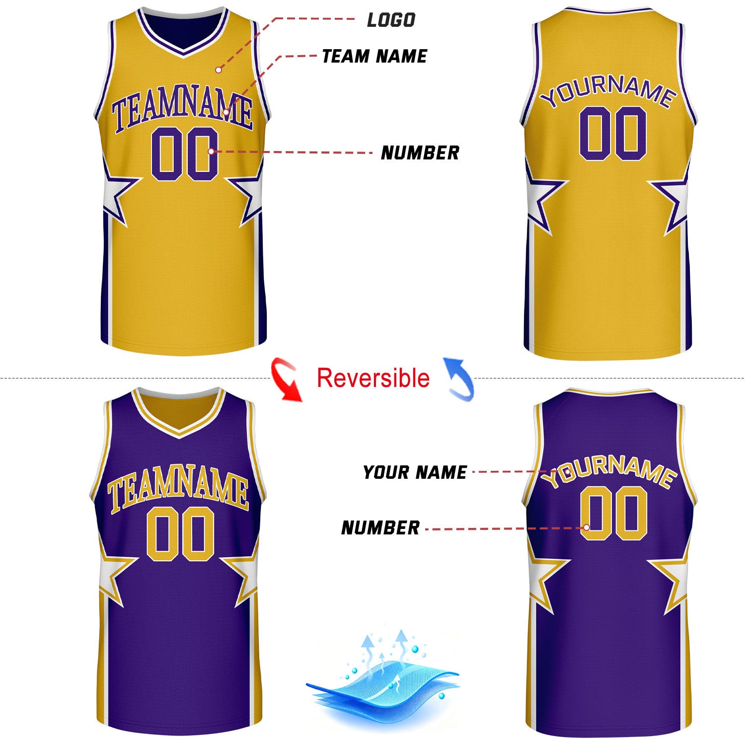 Custom Gold & Purple Star Reversible Basketball Uniform Set | Breathable Mesh Jersey & Shorts