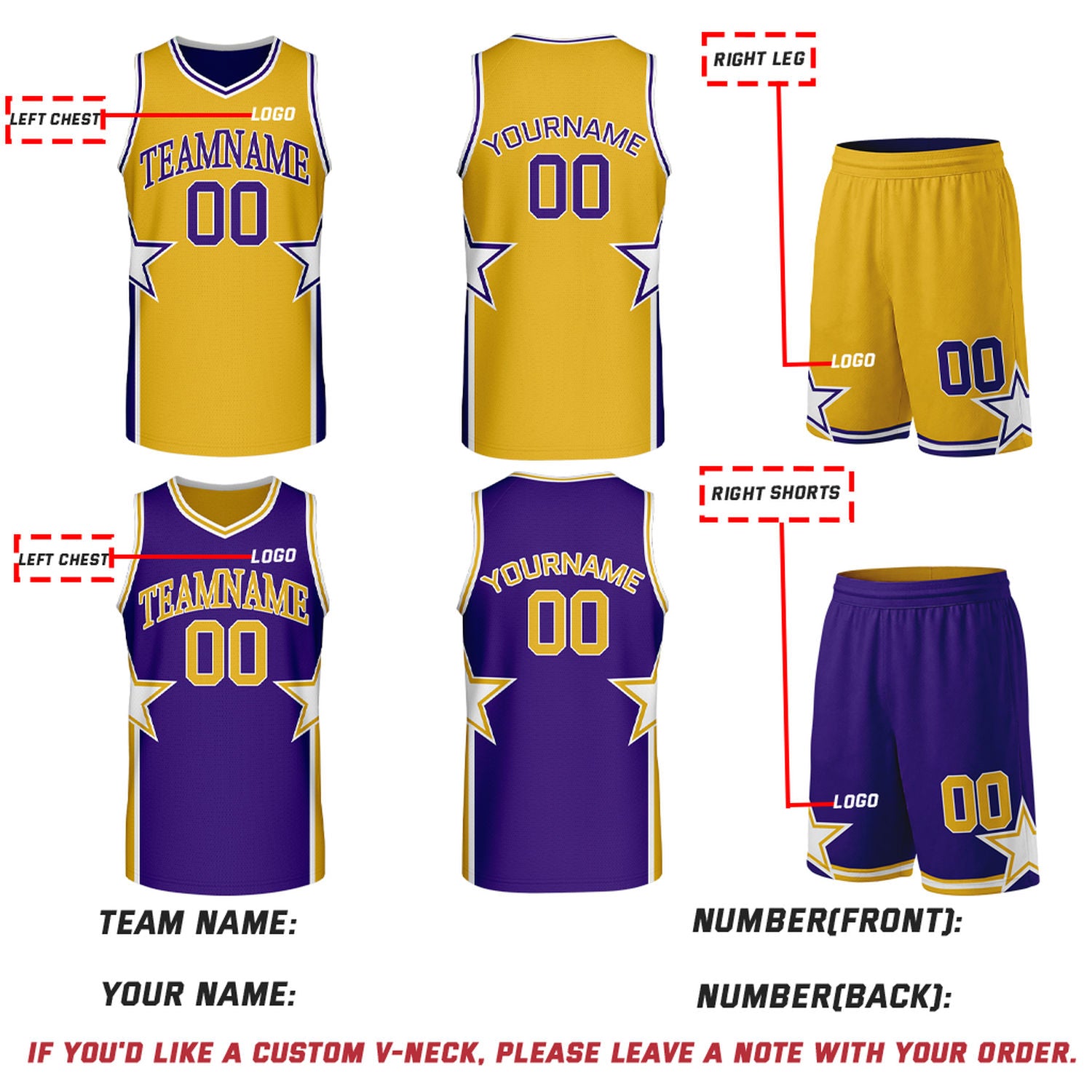 Custom Gold & Purple Star Reversible Basketball Uniform Set | Breathable Mesh Jersey & Shorts