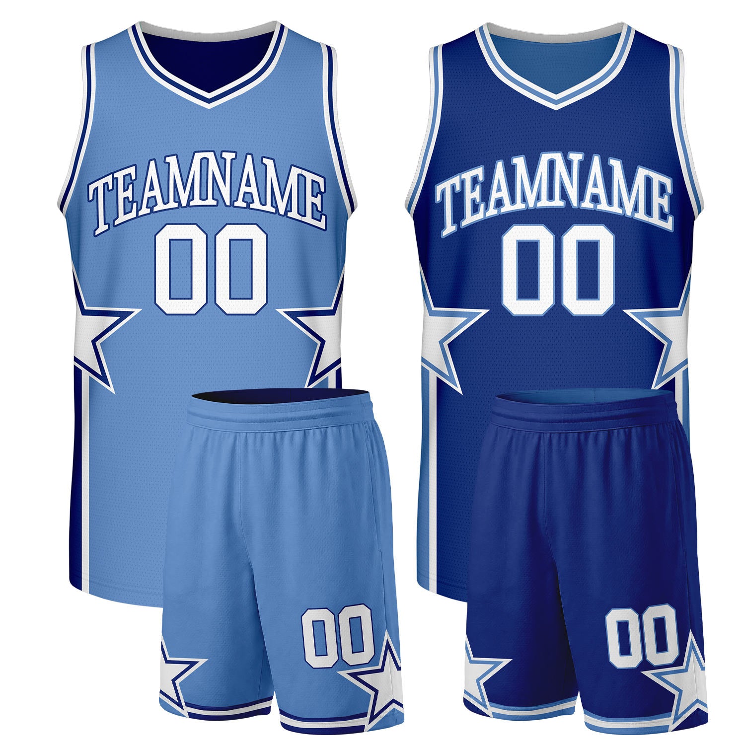 Custom men's basketball uniforms light blue navy reversible by Vosoli. Personalized team name, player number & logo. Breathable mesh. Fast delivery.