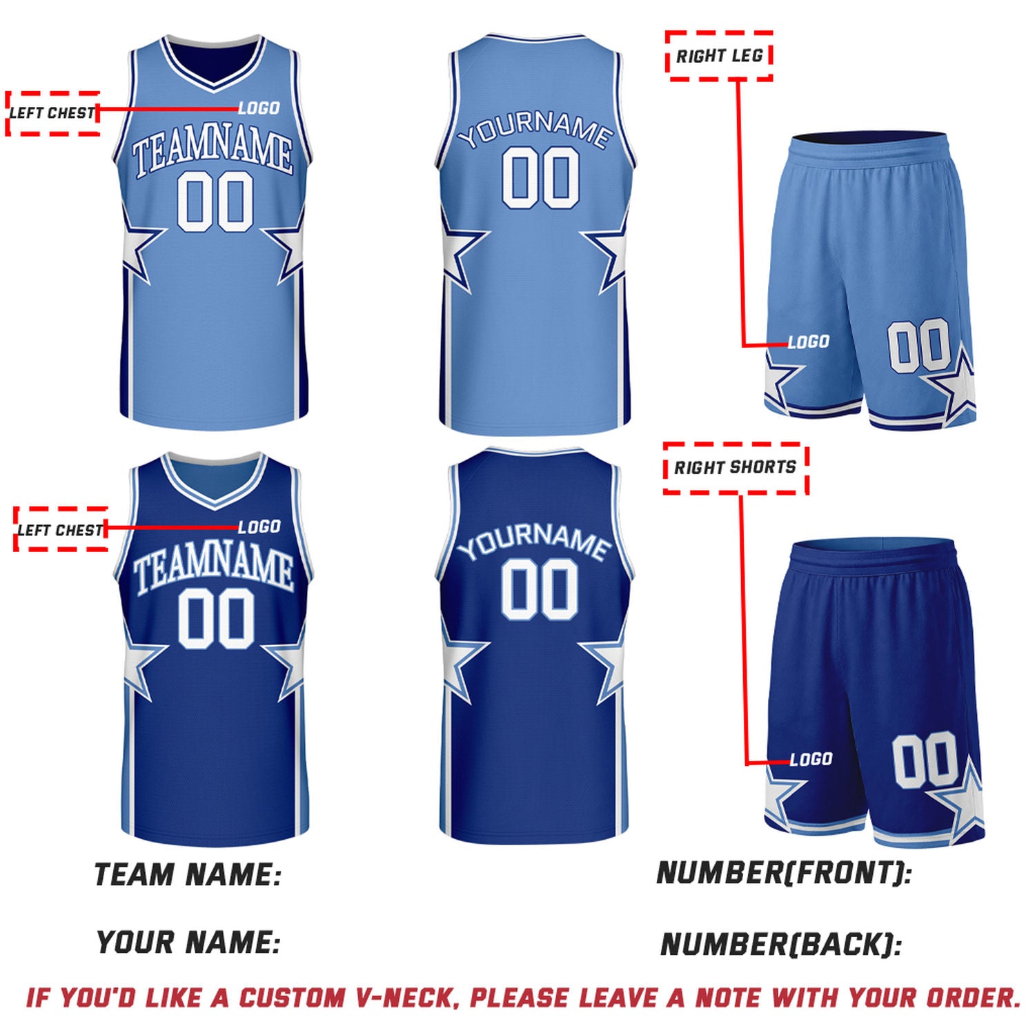 Custom Light Blue & Navy Star Reversible Basketball Uniform Set | Breathable Mesh Jersey & Shorts