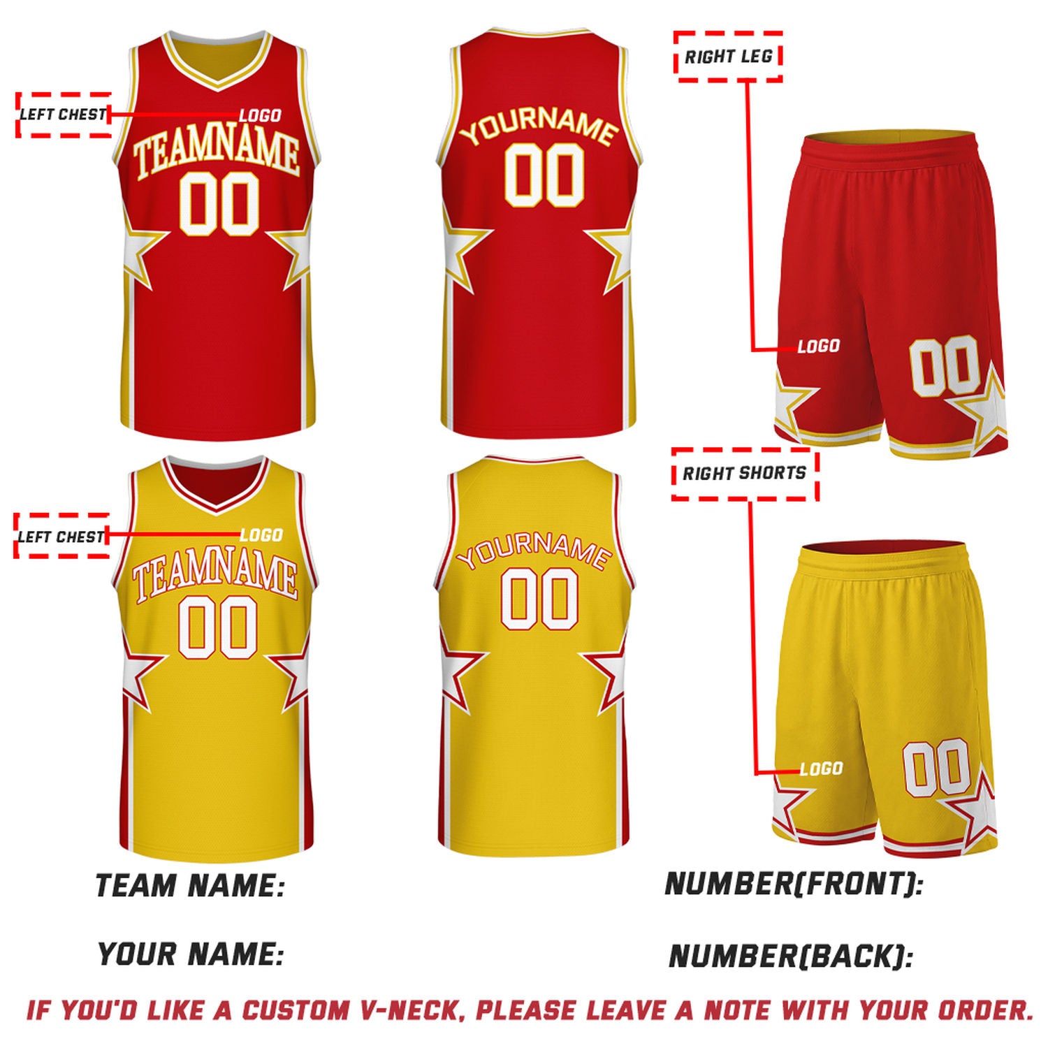 Custom Red & Gold Star Reversible Basketball Uniform Set | Breathable Mesh Jersey & Shorts