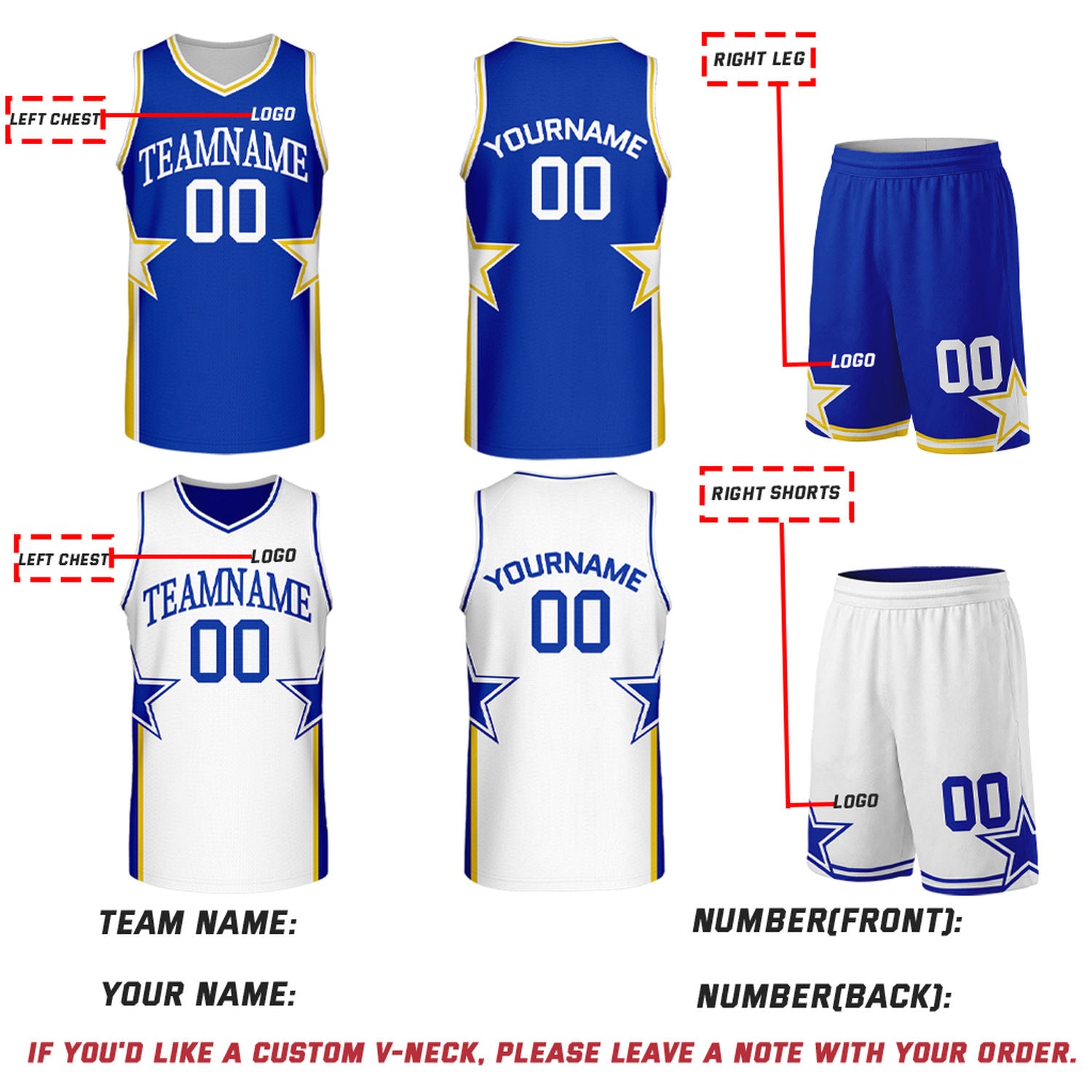 Custom Royal Blue & White Star Reversible Basketball Uniform Set | Breathable Mesh Jersey & Shorts