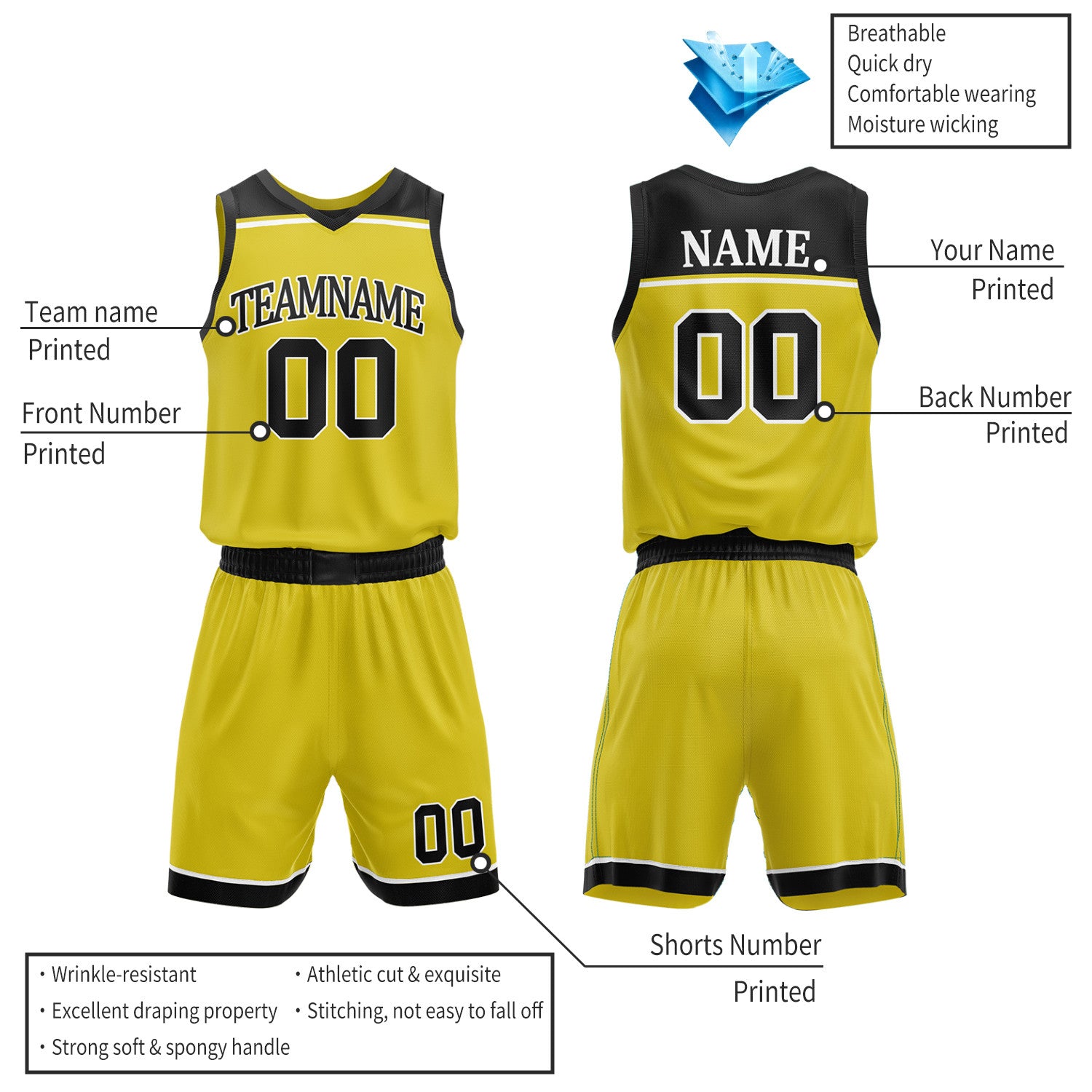 Custom Black & Gold Double Sided Basketball Jersey Set | Wholesale Team Uniform