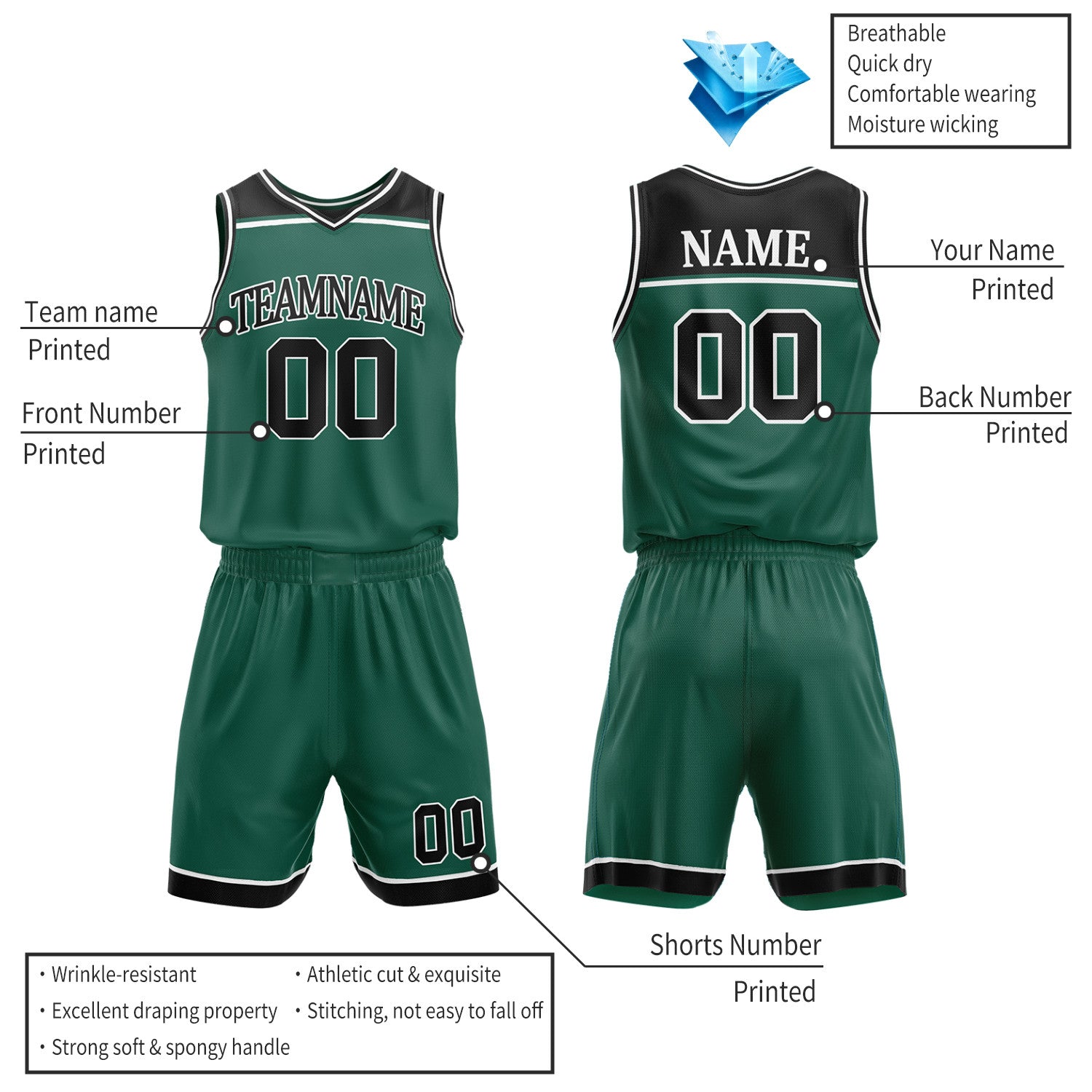 Custom Forest Green & Black Double Sided Basketball Jersey Set | Wholesale Team Uniform