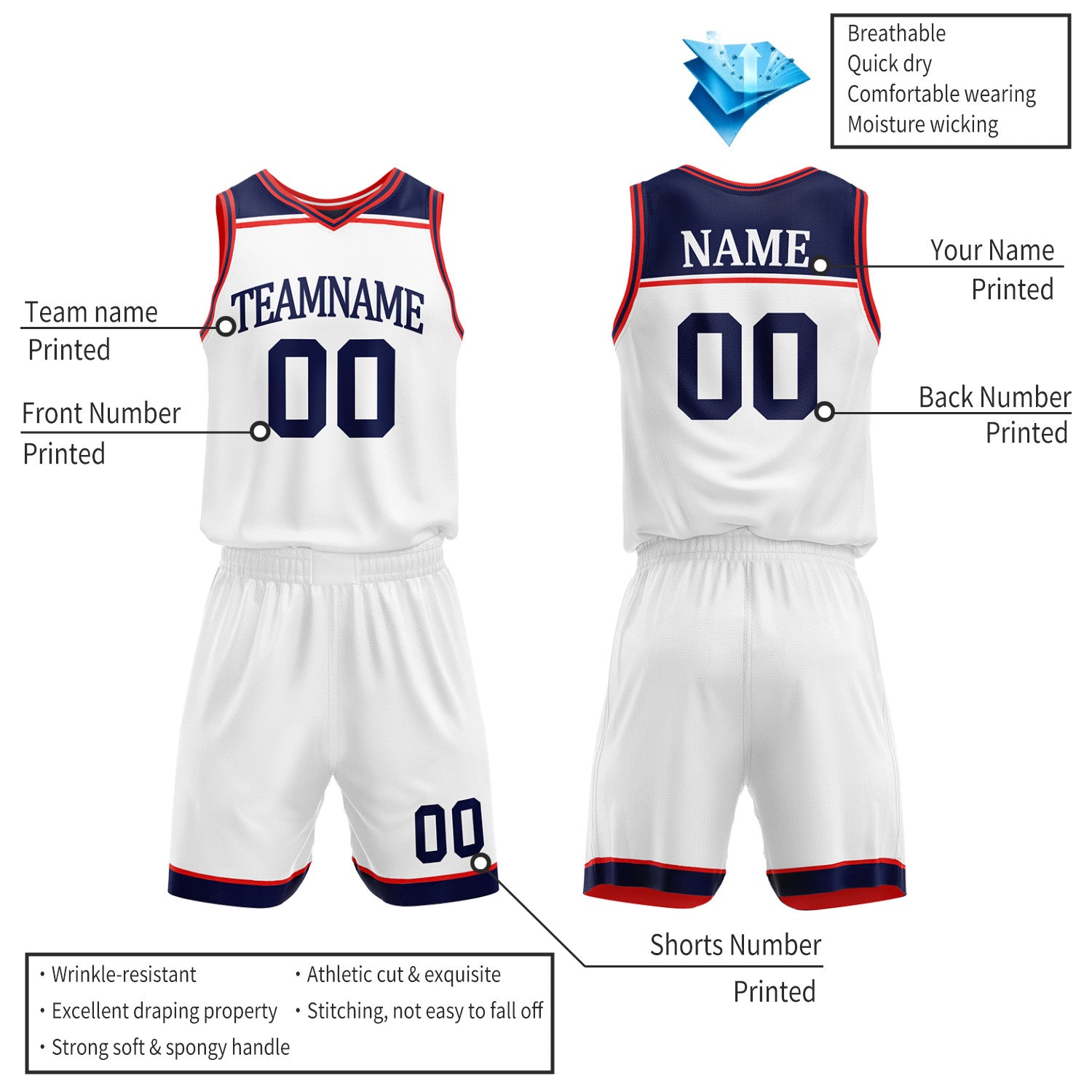 Custom Navy & White Double Sided Basketball Jersey Set | Wholesale Team Uniform