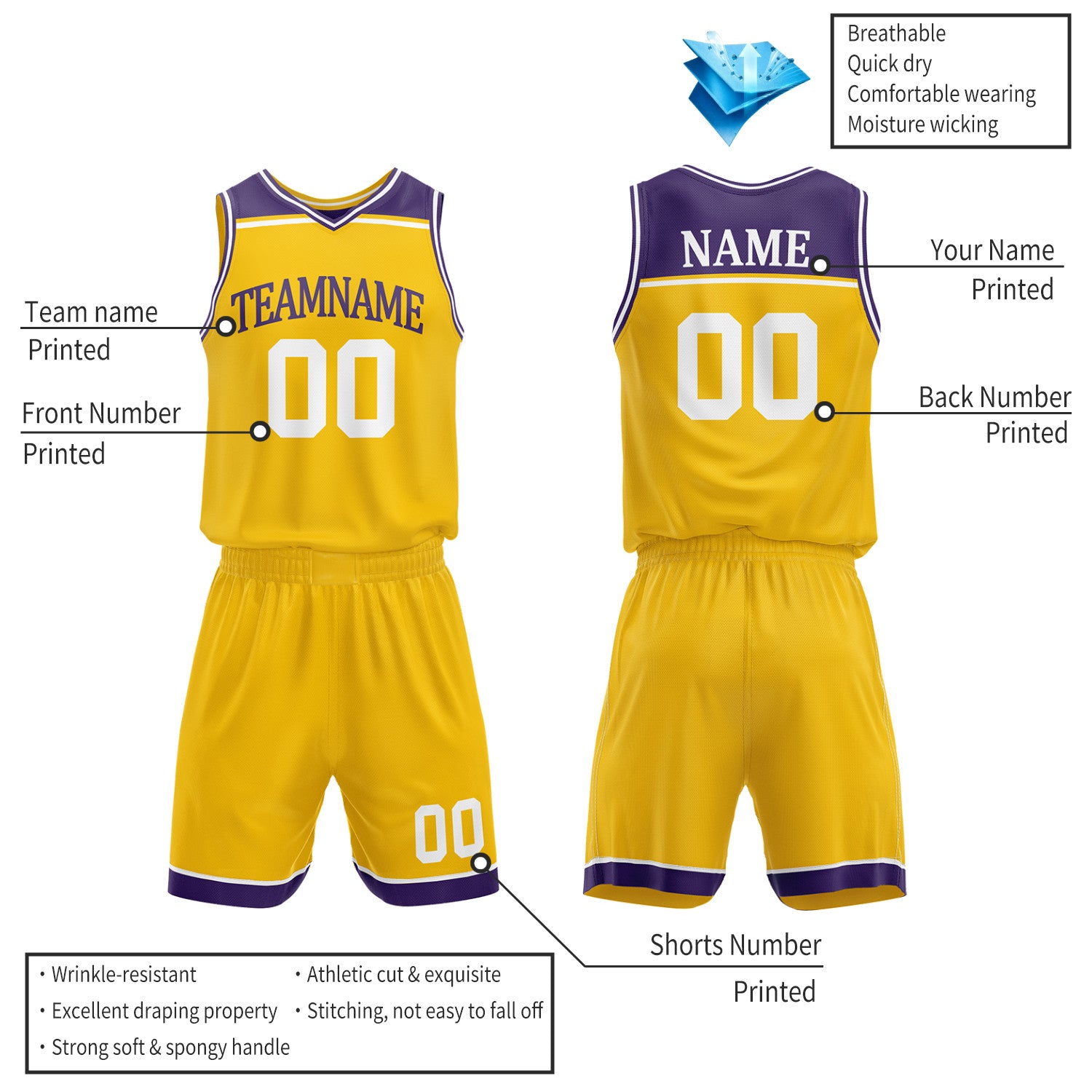 Custom Purple & Gold Double Sided Basketball Jersey Set | Wholesale Team Uniform