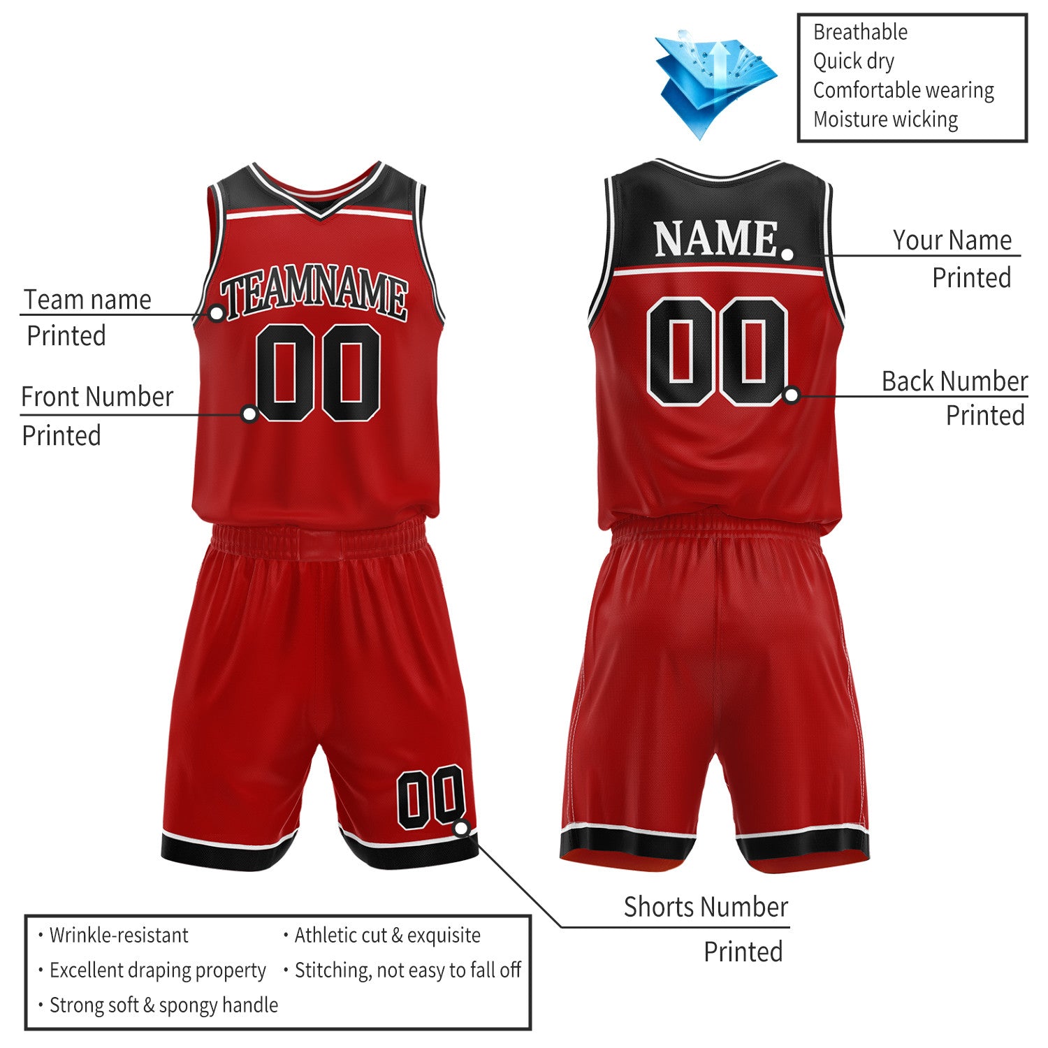 Custom Red & Black Double Sided Basketball Jersey Set | Wholesale Team Uniform