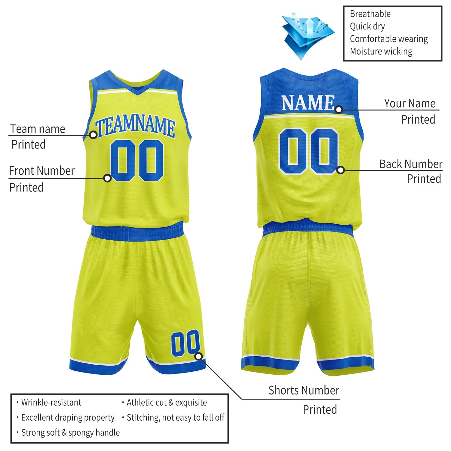 Custom Royal Blue & Neon Yellow Double Sided Basketball Jersey Set | Wholesale Team Uniform