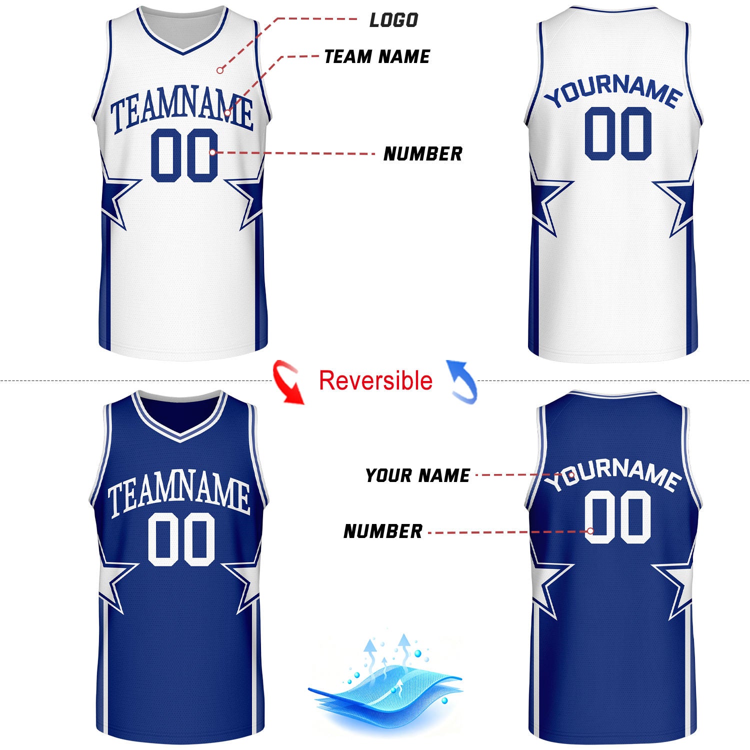 Custom White & Royal Blue Star Reversible Basketball Uniform Set | Breathable Mesh Jersey & Shorts