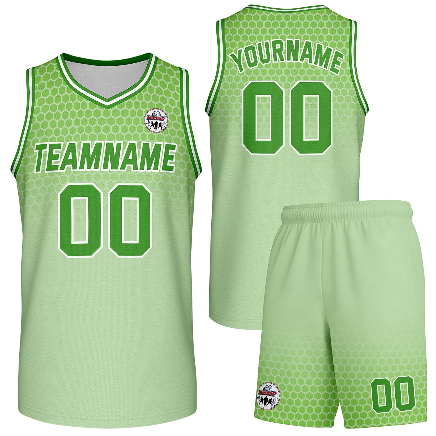 Custom mint green honeycomb-pattern basketball uniform set, personalized team name number logo breathable mesh jersey and shorts men women youth game practice - Vosoli