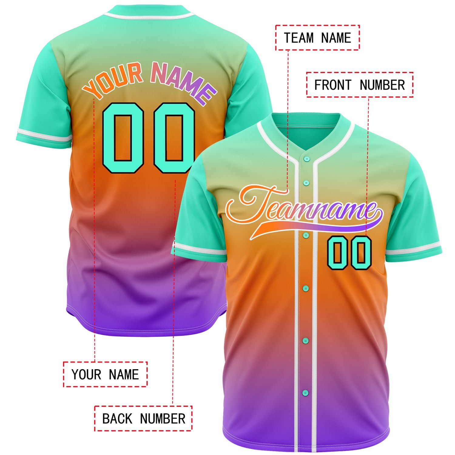 Custom Mint and Orange Gradient Baseball Jersey - Personalized Multi-Color Team Uniforms