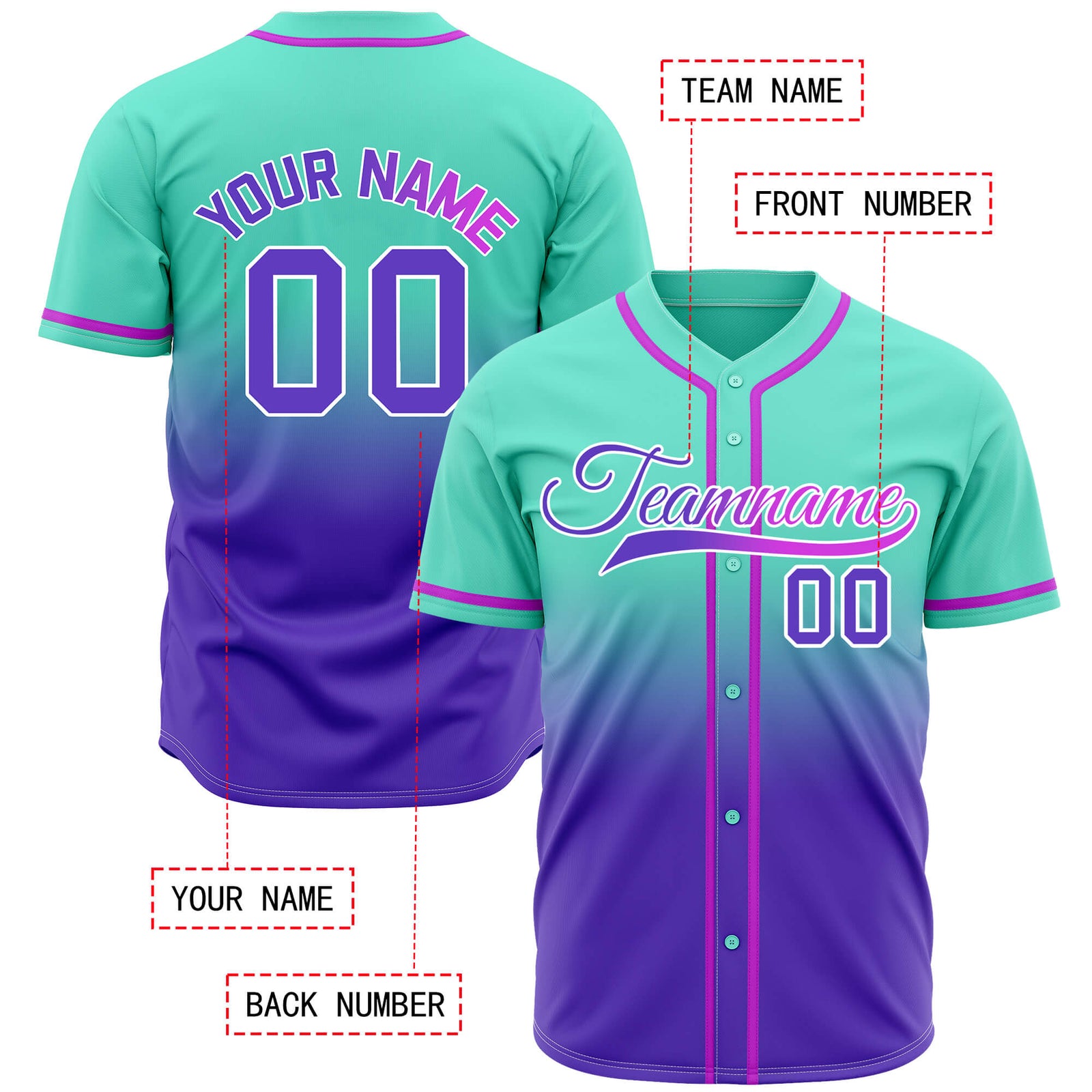 Custom Mint and Purple Gradient Baseball Jersey - Personalized Professional Team Uniforms