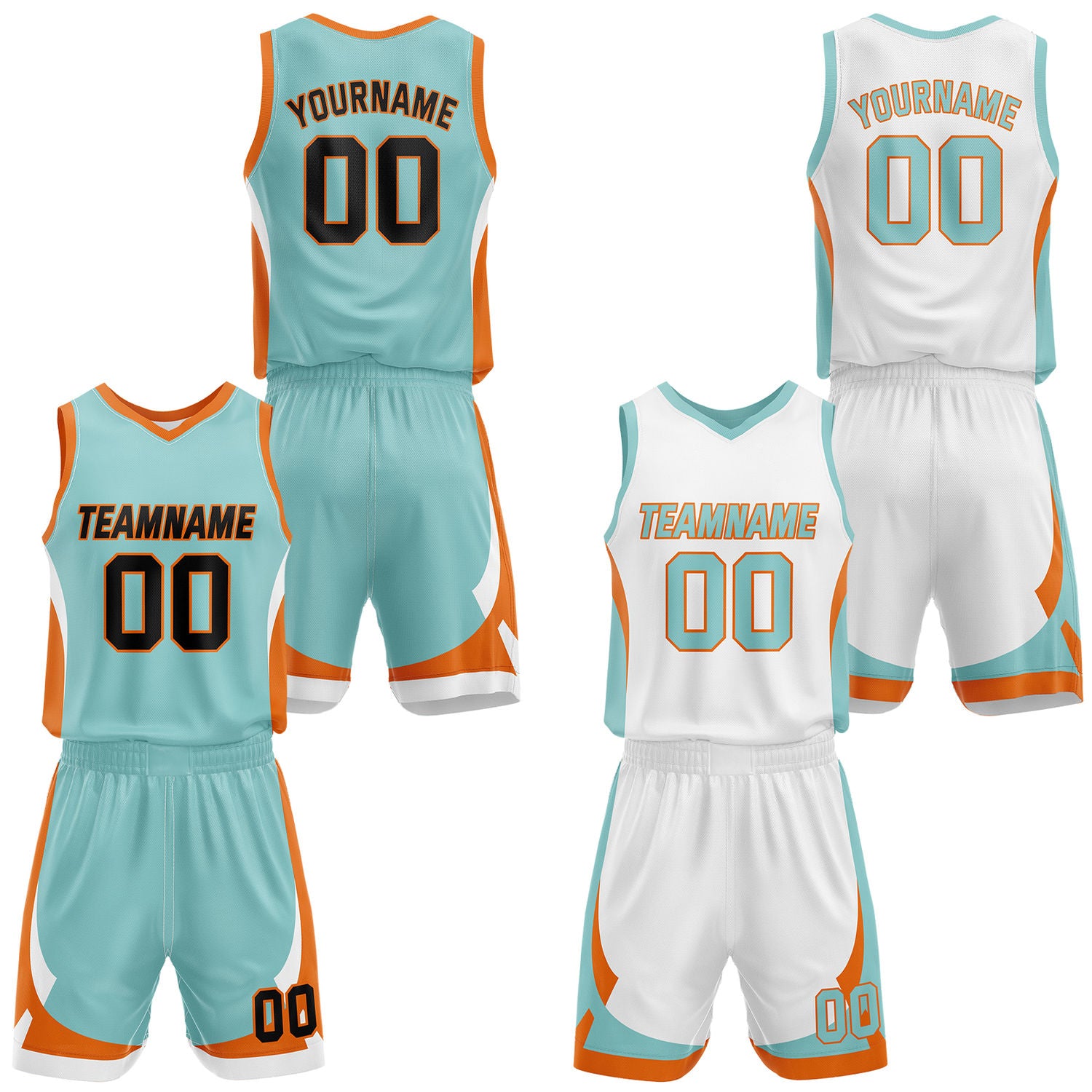 Custom mint & white reversible basketball jersey set with shorts by Vosoli | Personalized team name, number & logo | Breathable mesh sport jersey uniform