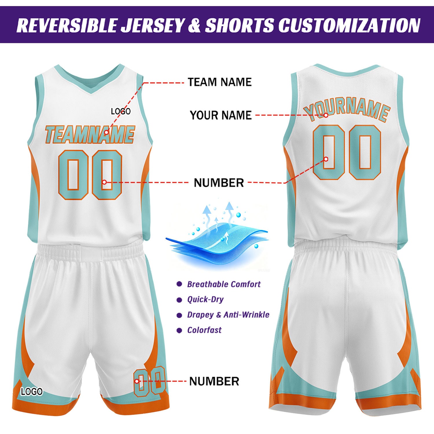 Custom Mint White Reversible Basketball Jersey Set | Personalized Name Number Mesh Sports Uniform