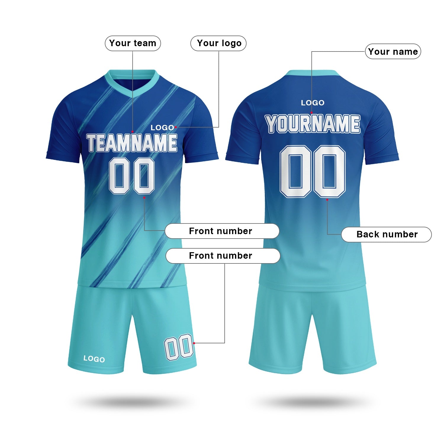 Custom Navy & Aqua Blue Gradient Soccer Jersey Set | Personalized Team Uniform | Vosoli
