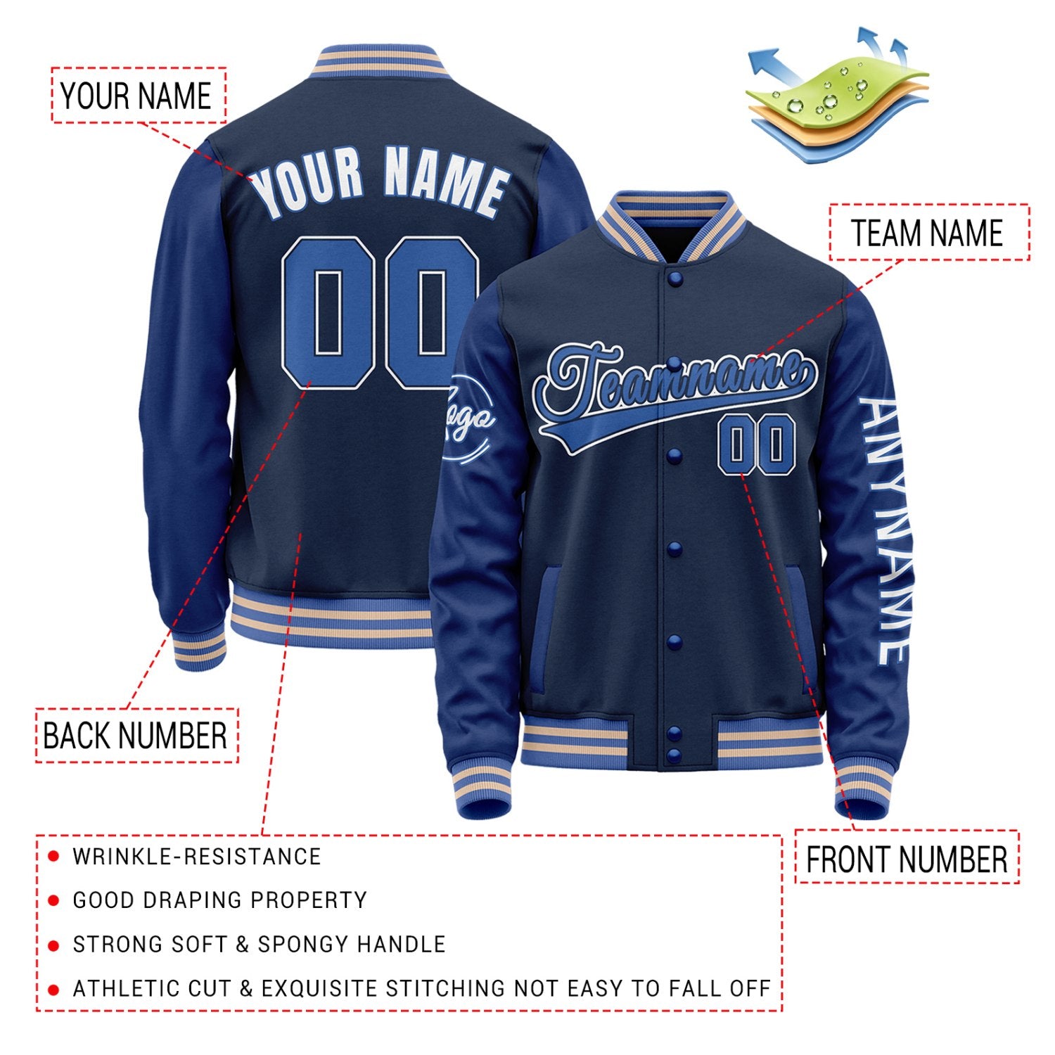 Custom Navy & Blue Two Tone Varsity Letterman Jacket | Personalized Stitched Team Name Number Outerwear