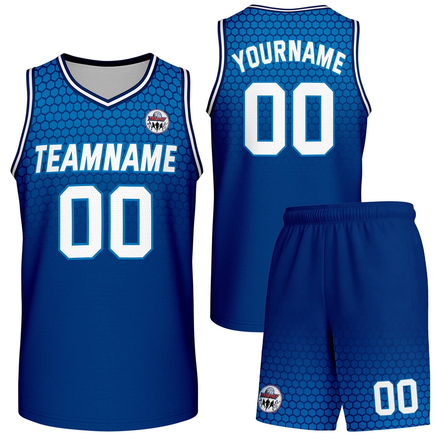 Custom navy blue honeycomb-pattern basketball uniform set, personalized team name number logo breathable mesh jersey and shorts men women youth game practice - Vosoli