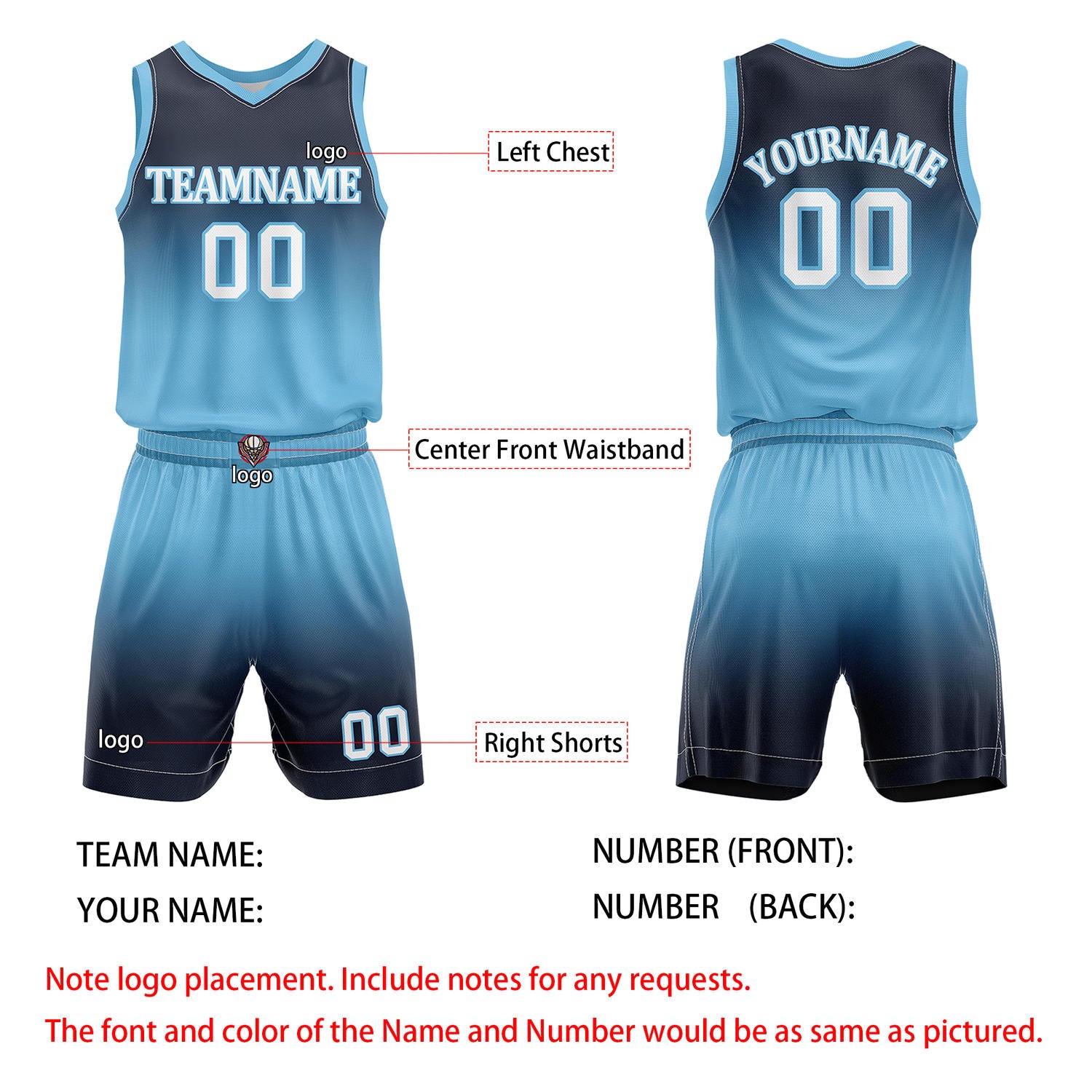 Custom Navy & Light Blue Gradient Basketball Jersey + Shorts Set - Personalized Team Name, Number & LOGO | Vosoli
