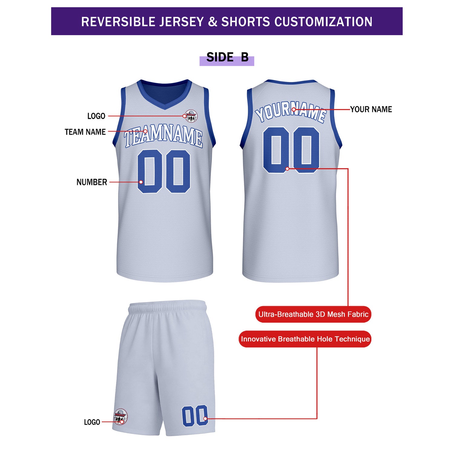 Custom Navy Blue & Light Gray Reversible Basketball Uniform Set | Personalized Team Name & Number - Vosoli
